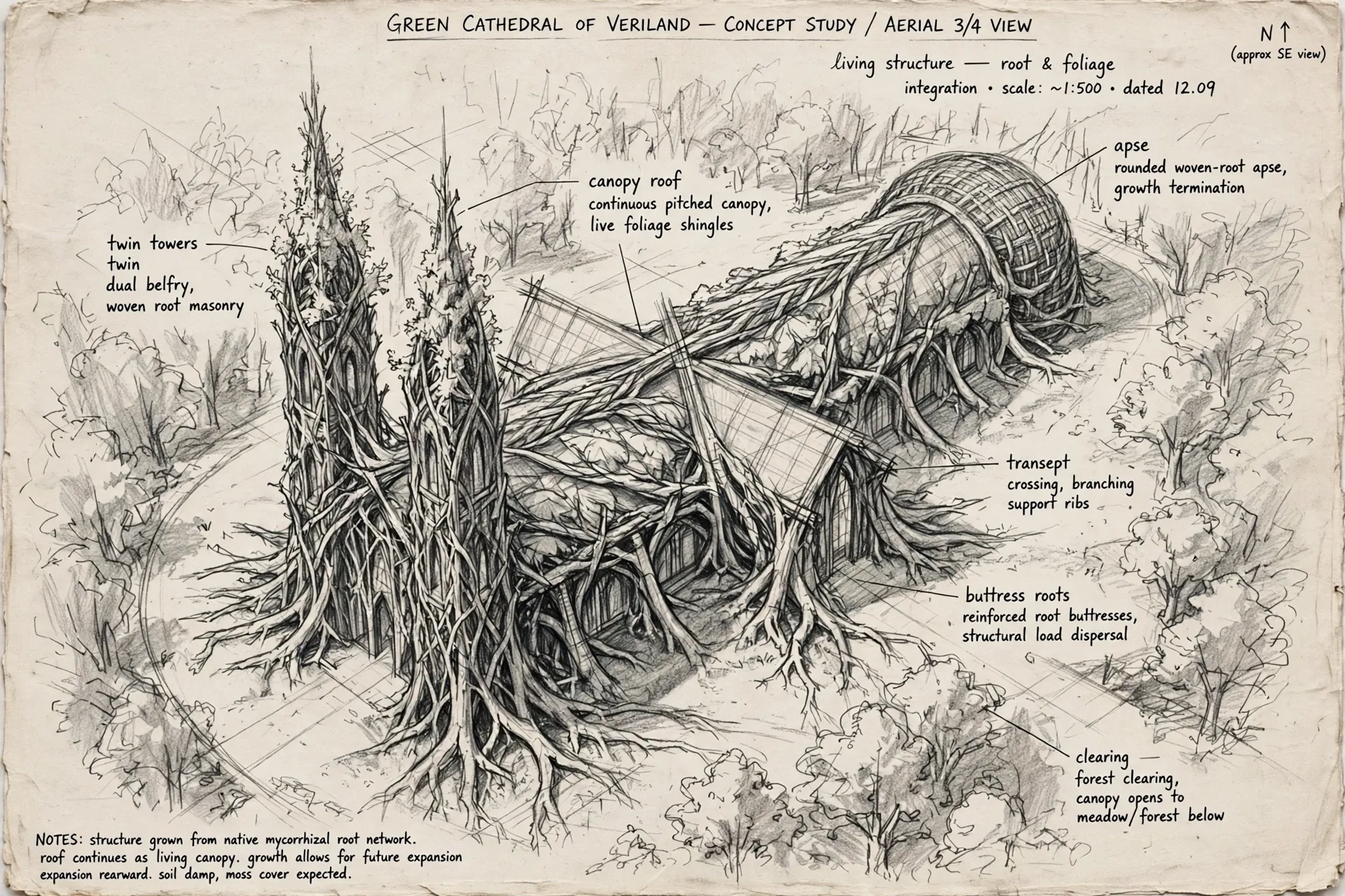The Green Cathedral concept sheet: an aerial view, in graphite, with handwritten notations