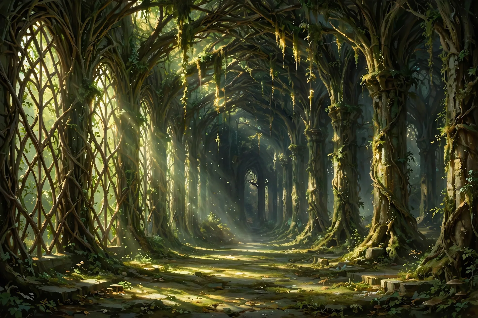 The Green Cathedral concept sheet: the aisle, in color