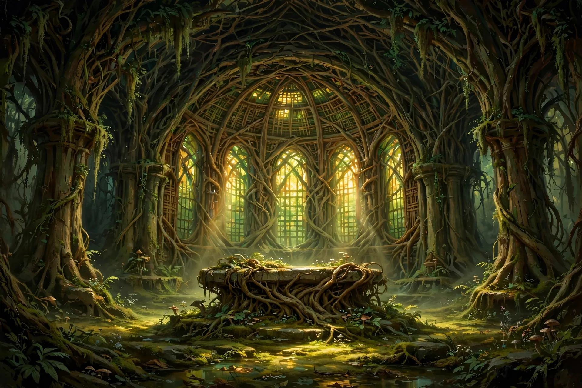 The Green Cathedral concept sheet: the altar end, in color