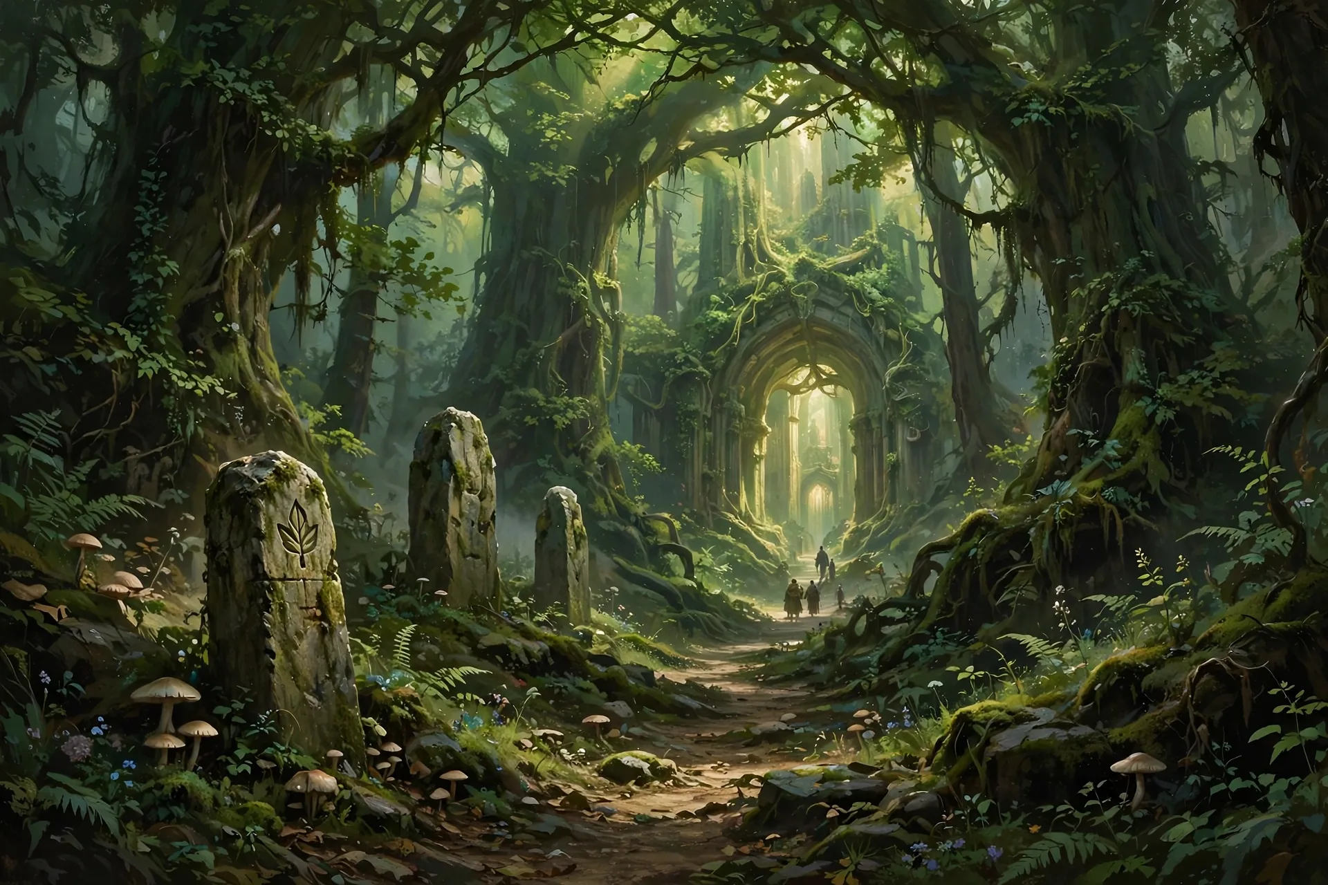 The Green Cathedral concept sheet: the approach path, in color