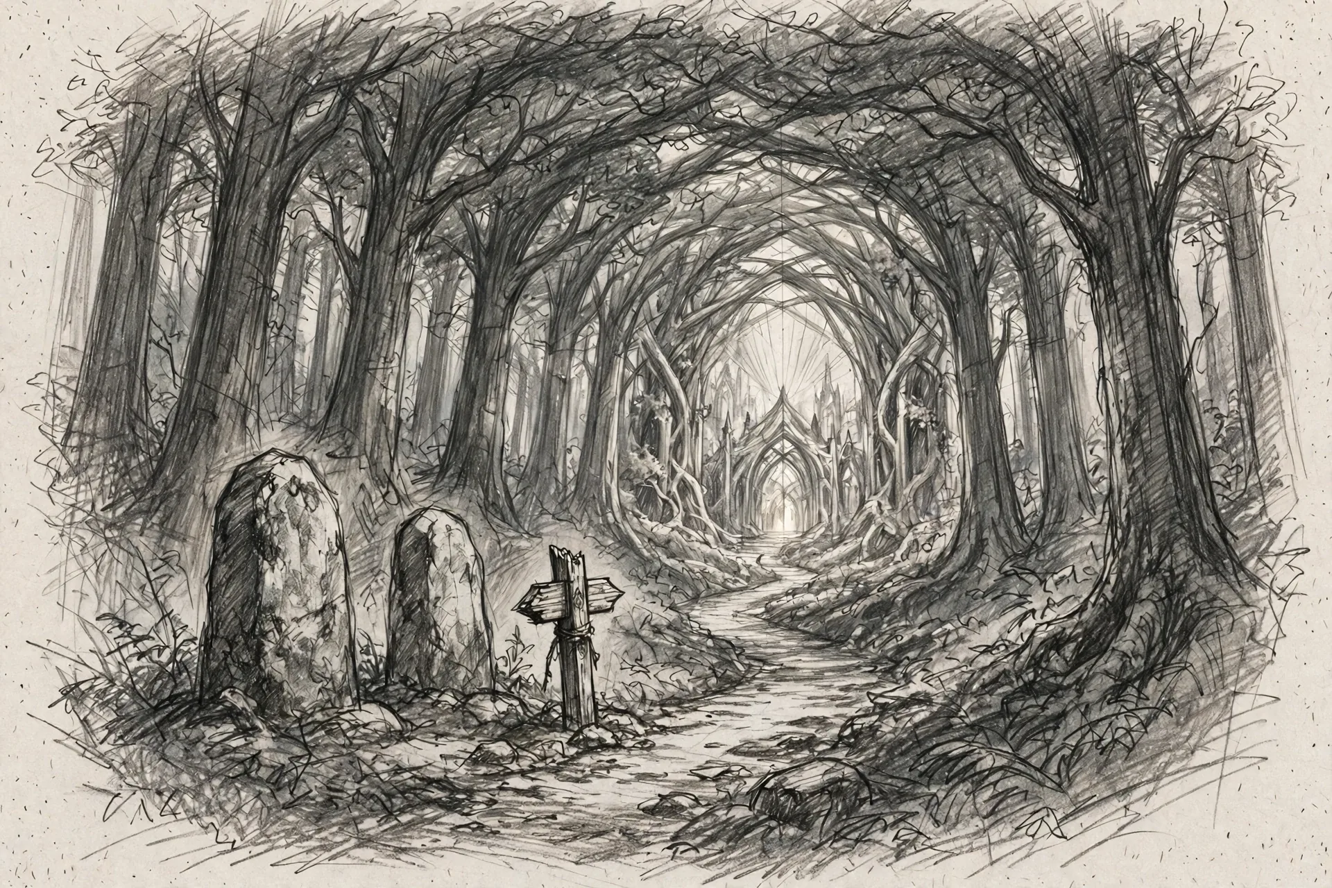 The Green Cathedral concept sheet: the approach path, in graphite