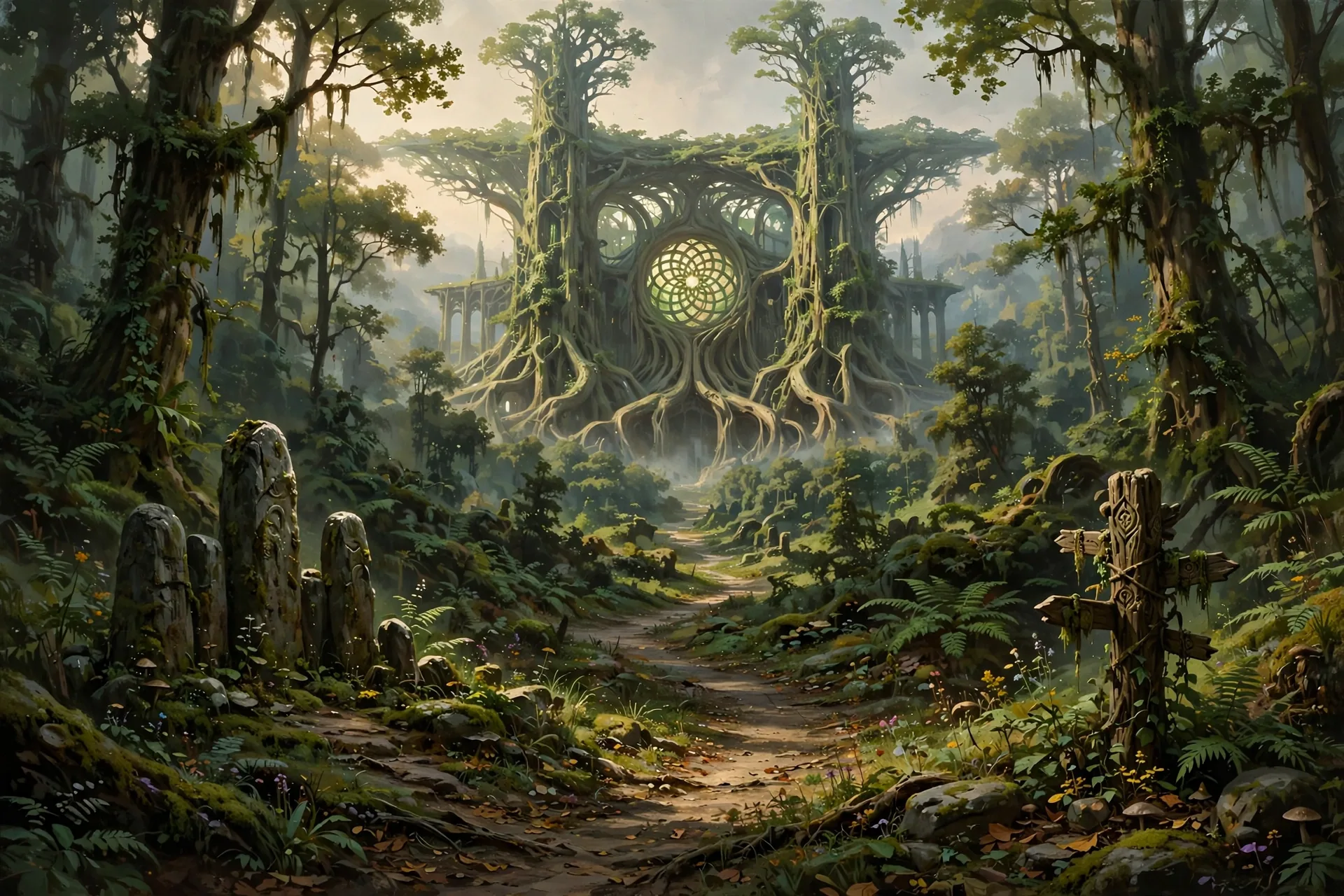 The Green Cathedral concept sheet: a second study of the approach, in color