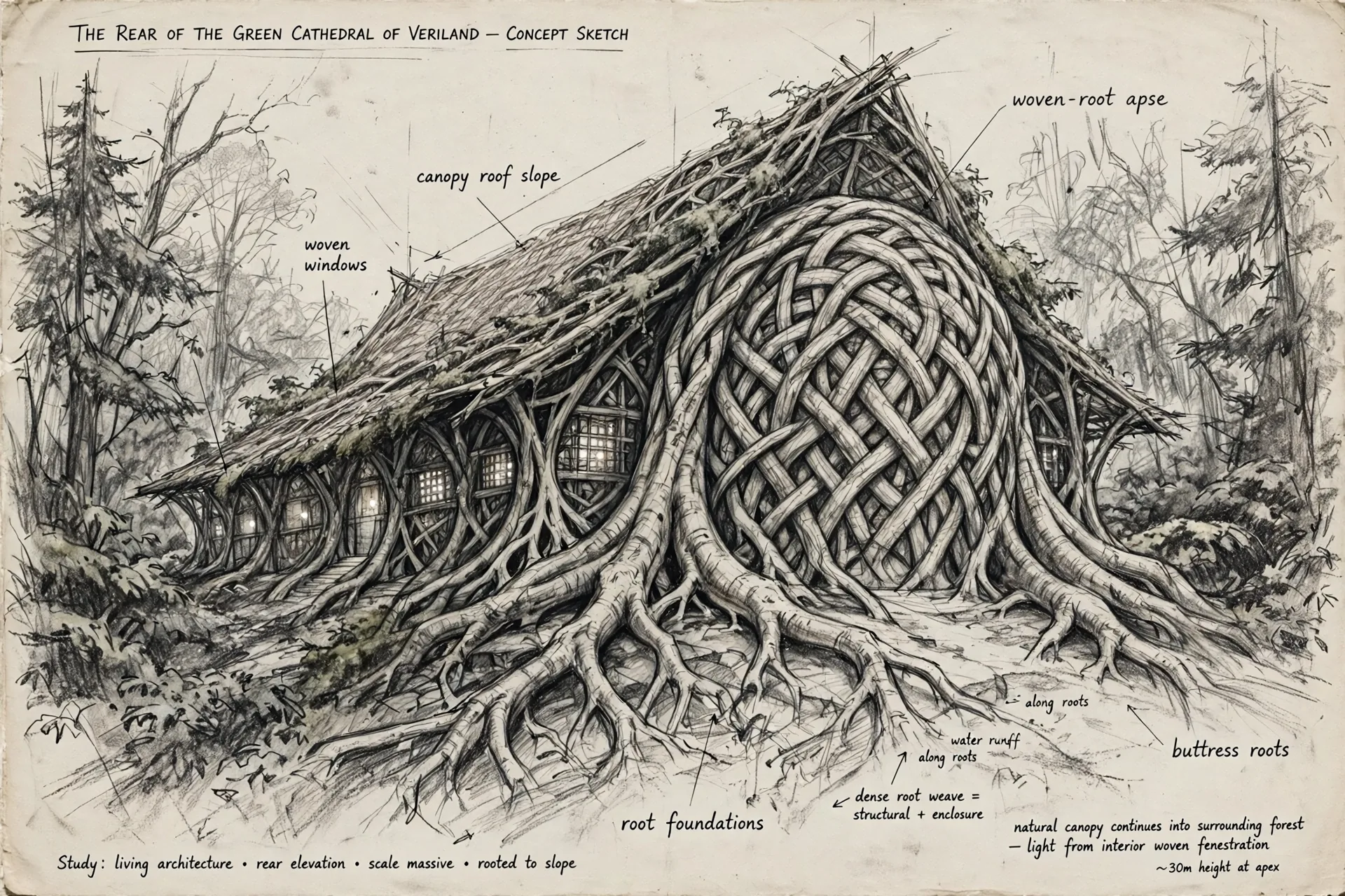 The Green Cathedral concept sheet: the apse, in graphite, with handwritten notations