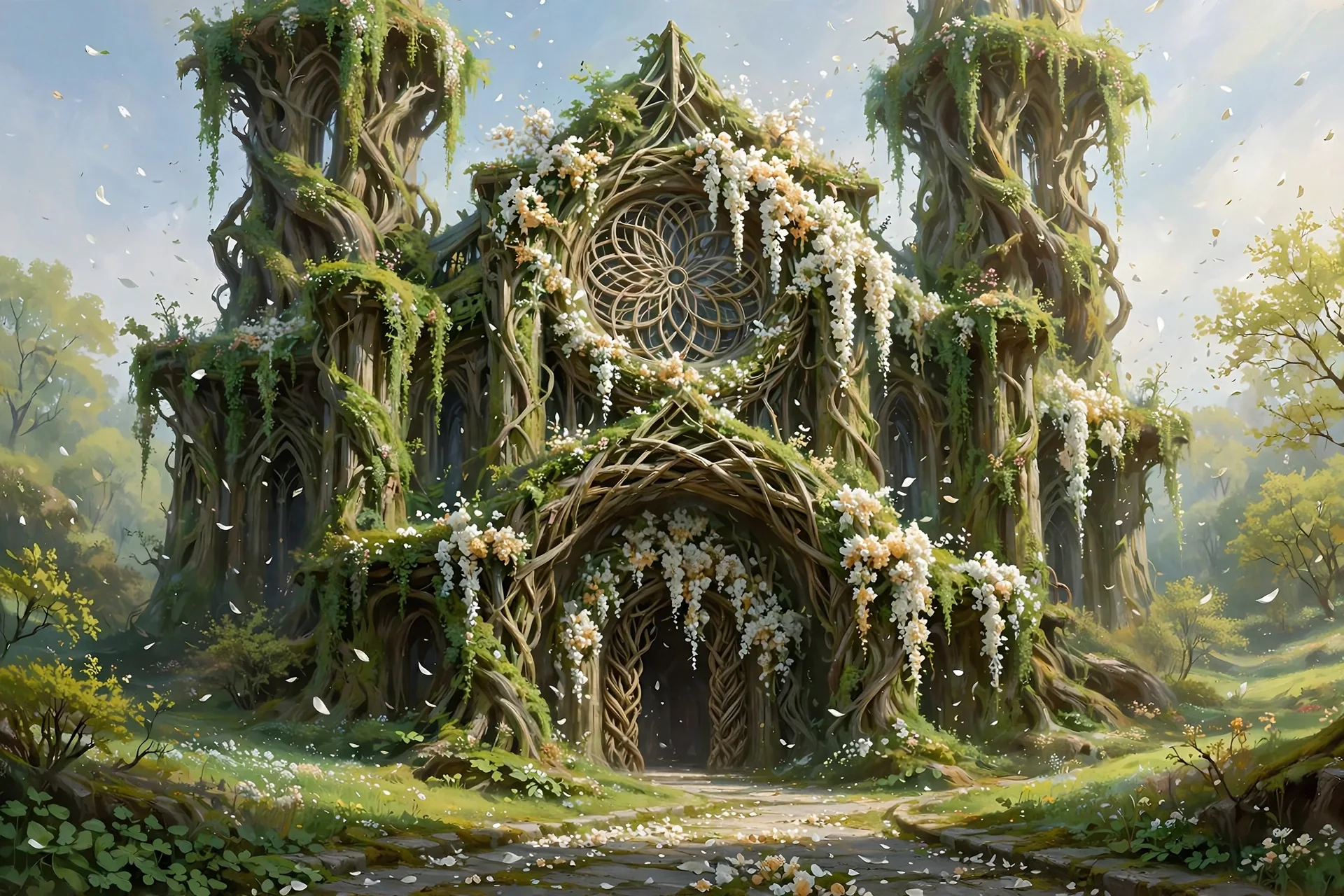 The Green Cathedral concept sheet: the cathedral in bloom, in color
