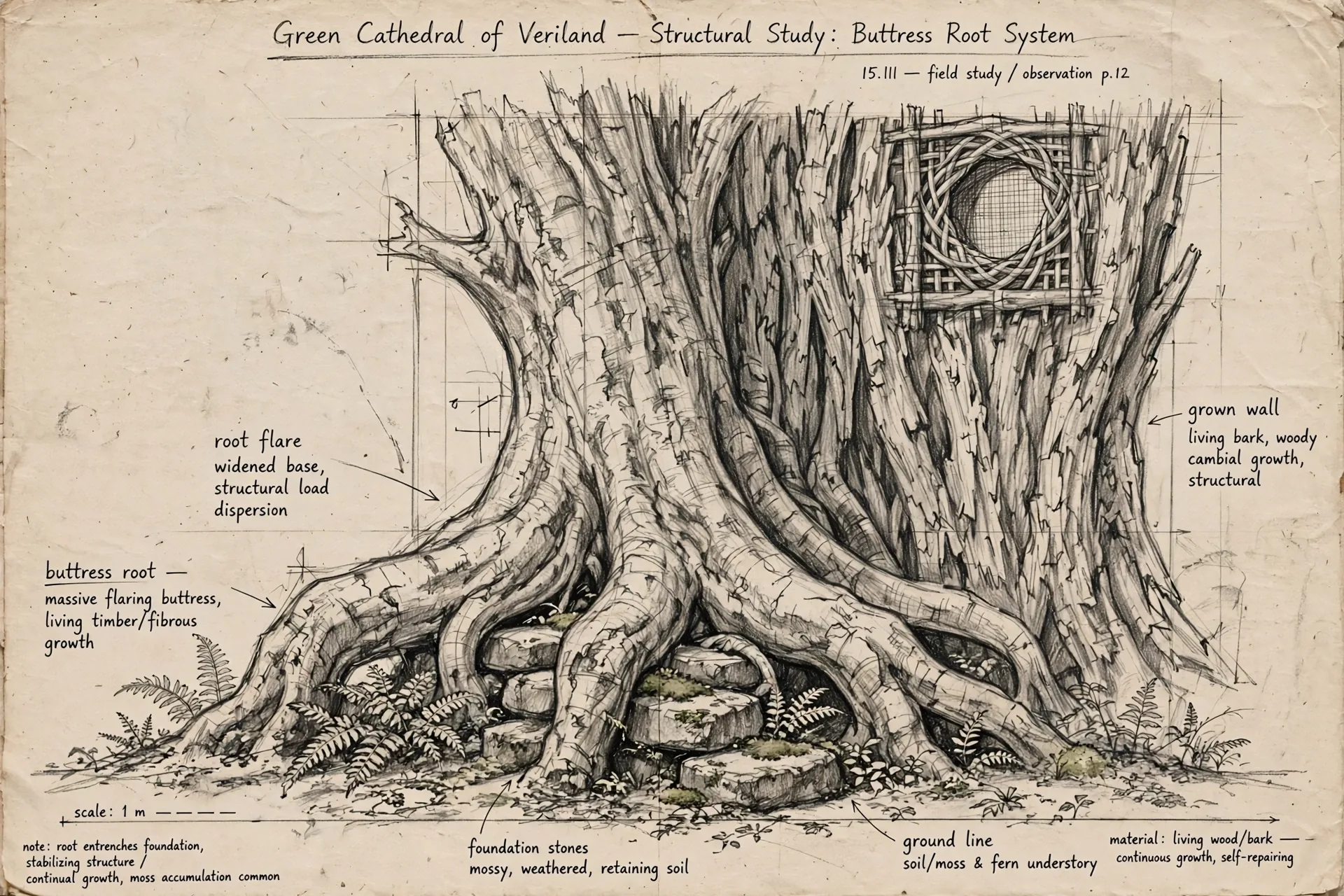 The Green Cathedral concept sheet: the buttress roots, in graphite, with handwritten notations