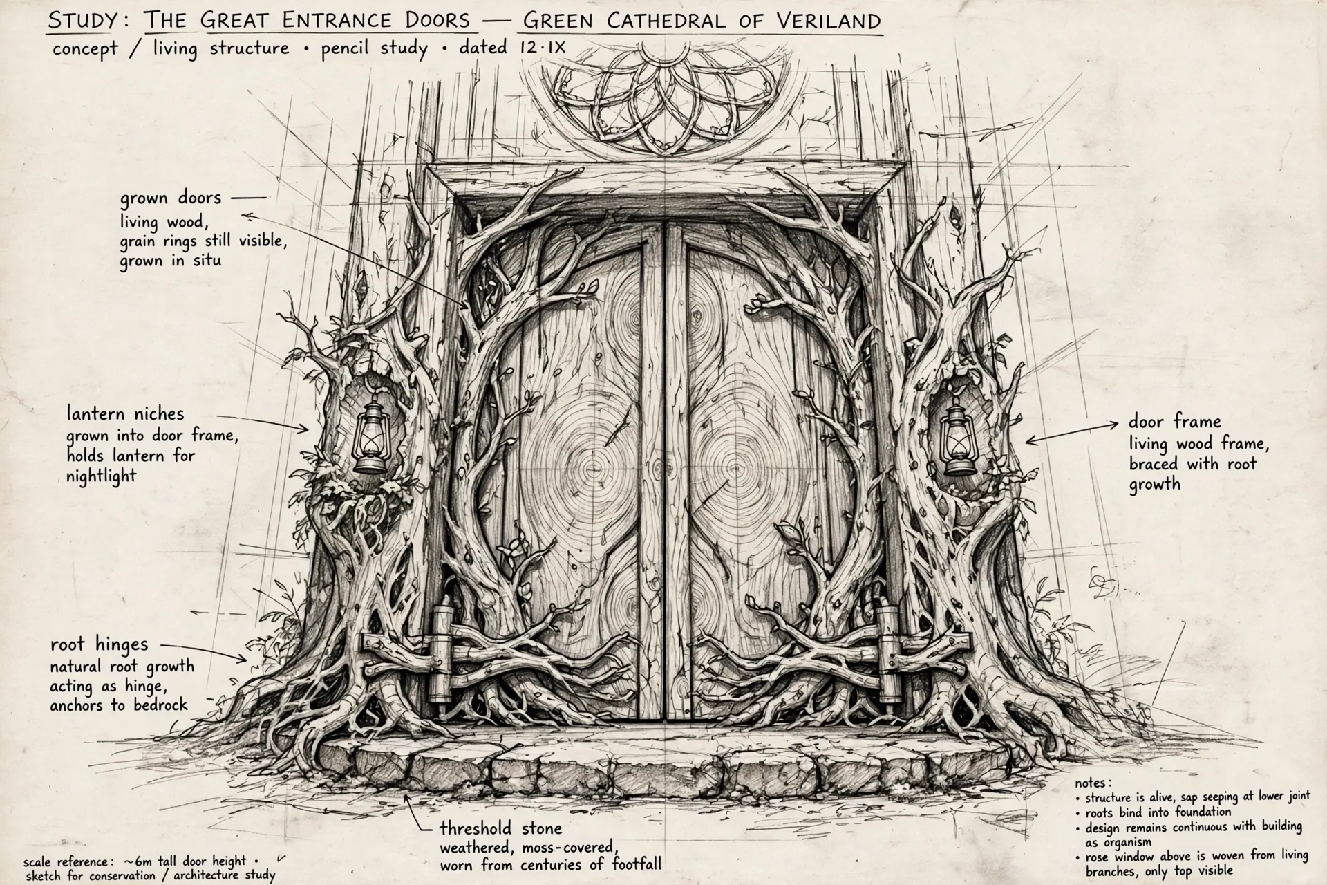 The Green Cathedral concept sheet: the great doors, in graphite, with handwritten notations