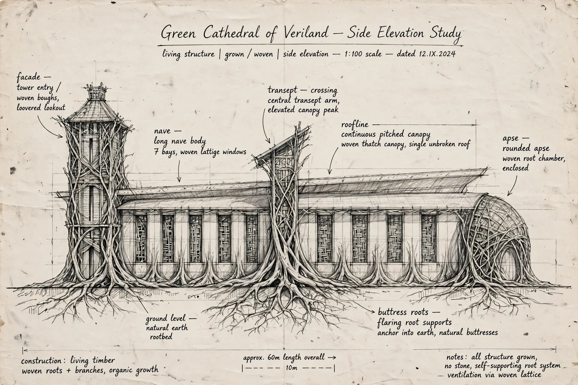 The Green Cathedral concept sheet: an elevation, in graphite, with handwritten notations