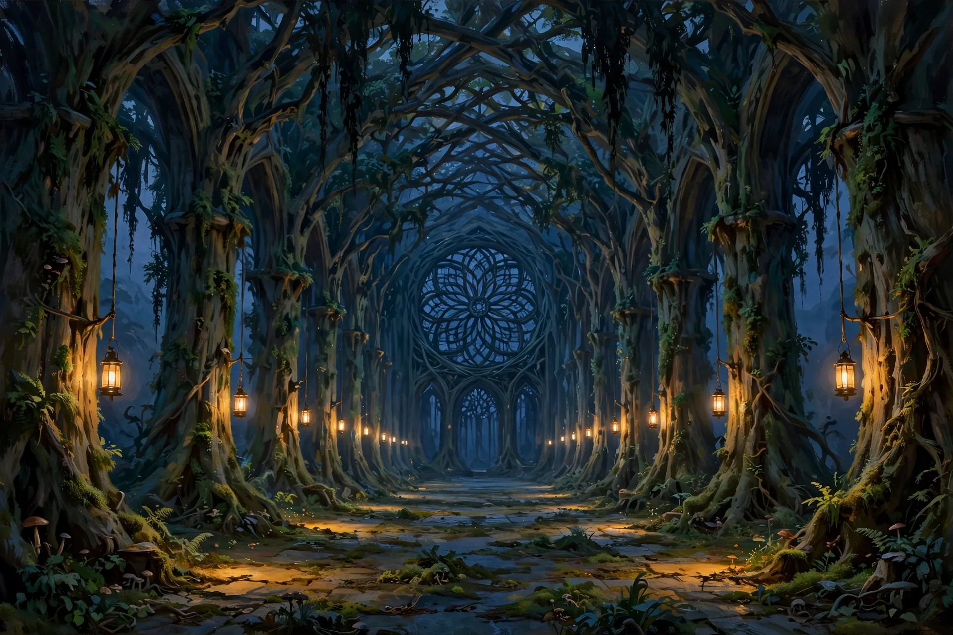 The Green Cathedral concept sheet: the cathedral in the evening, in color
