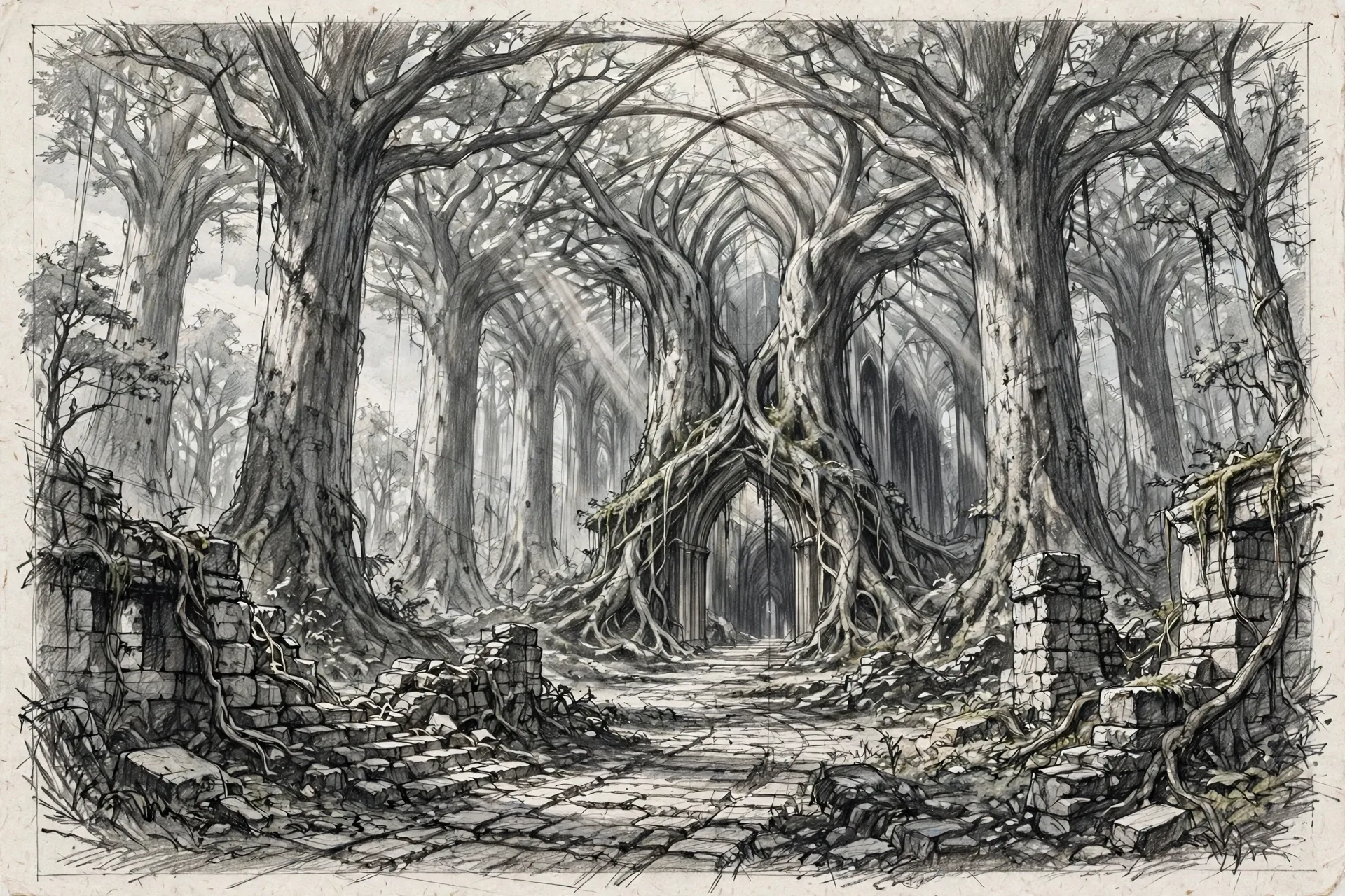 The Green Cathedral concept sheet: the exterior, in graphite