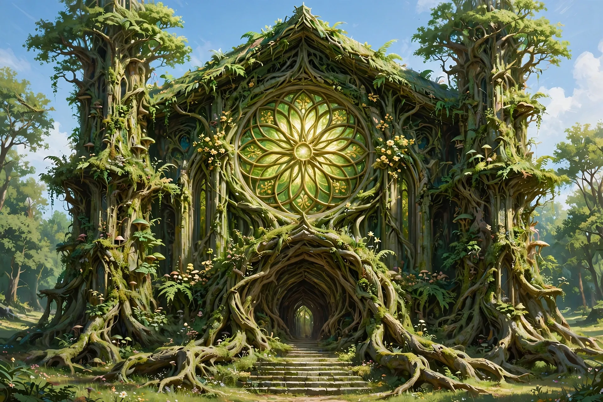 The Green Cathedral concept sheet: the grown facade, in color