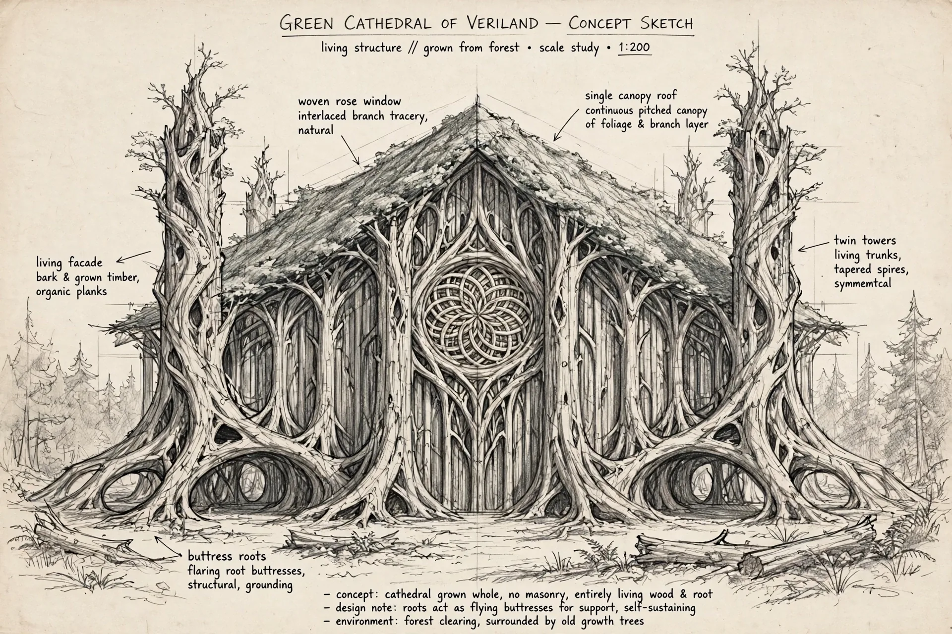 The Green Cathedral concept sheet: the grown facade, in graphite, with handwritten notations