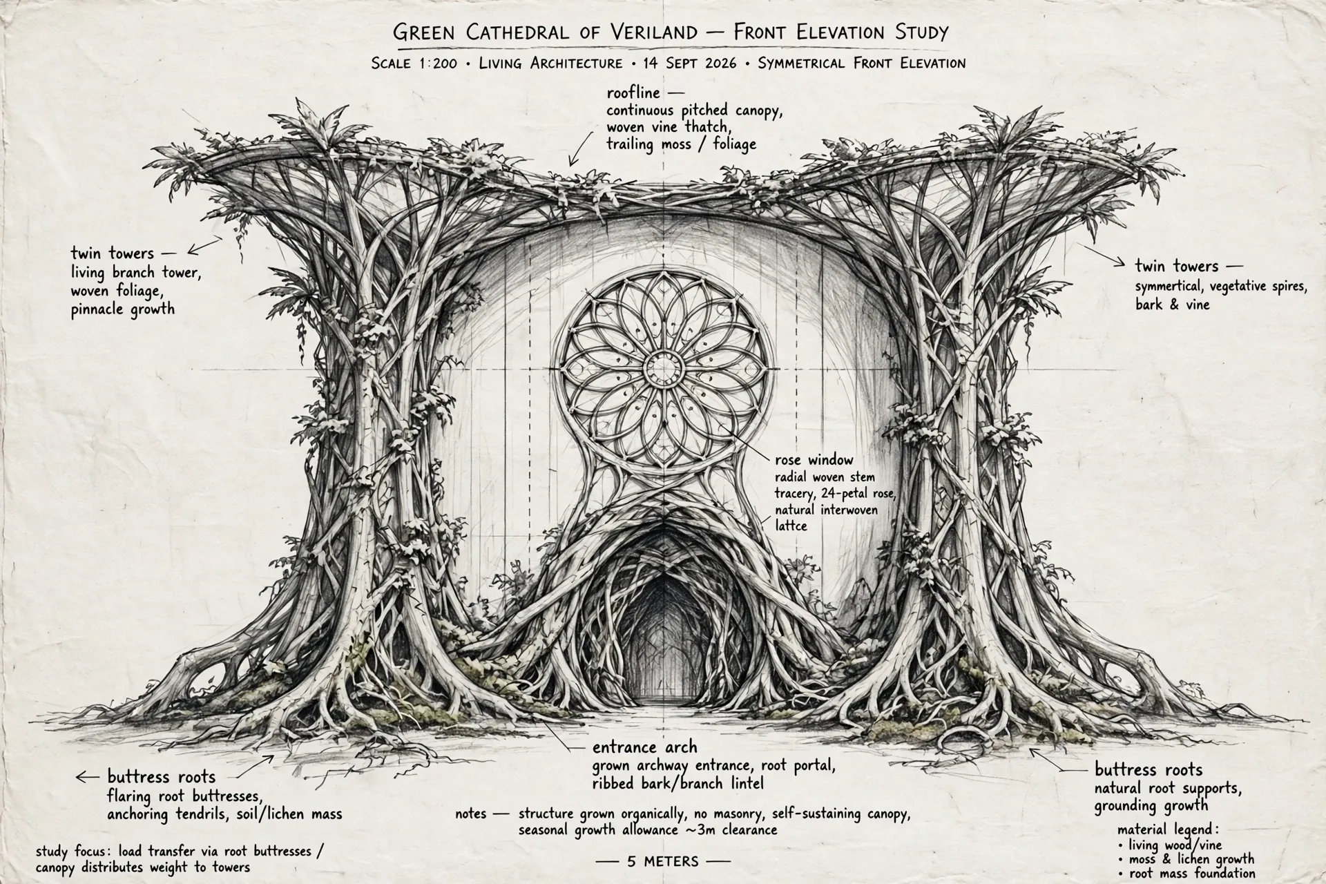 The Green Cathedral concept sheet: the front elevation, in graphite, with handwritten notations