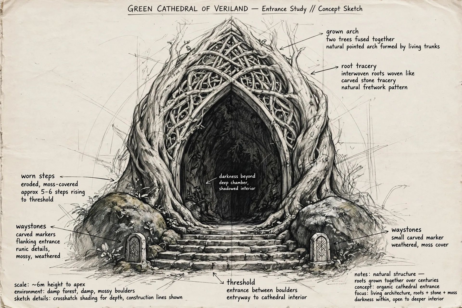 The Green Cathedral concept sheet: the gate, in graphite, with handwritten notations