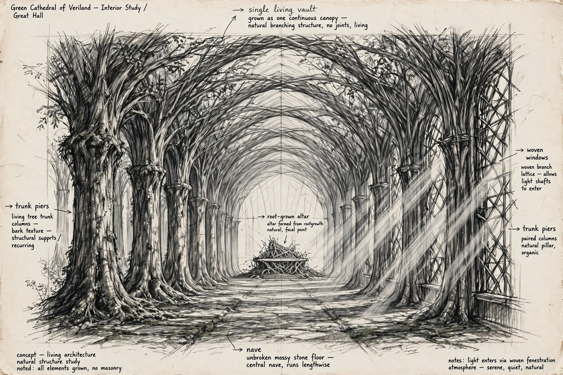 The Green Cathedral concept sheet: the great hall, in graphite, with handwritten notations