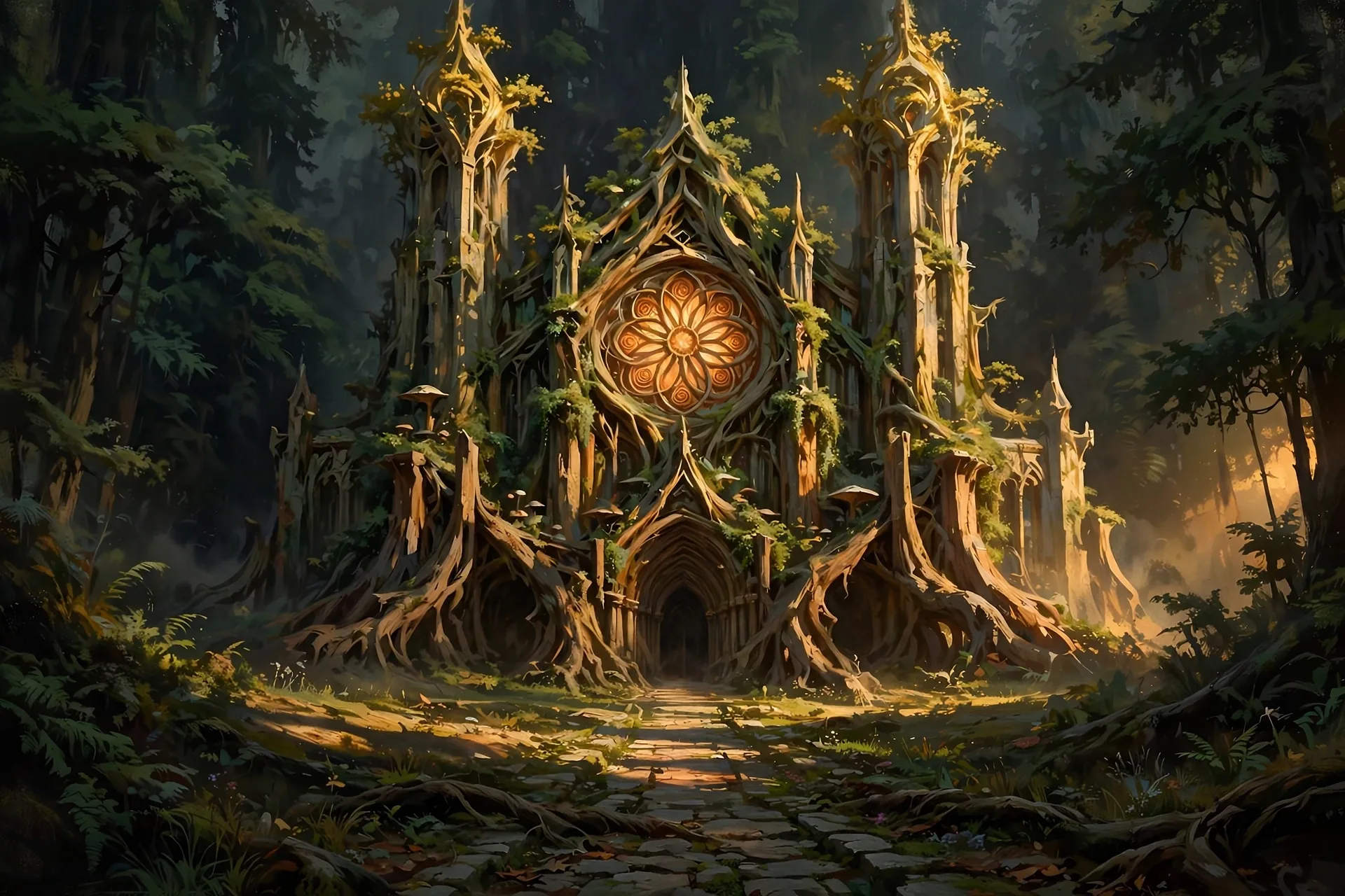 The Green Cathedral concept sheet: the hero view, in color