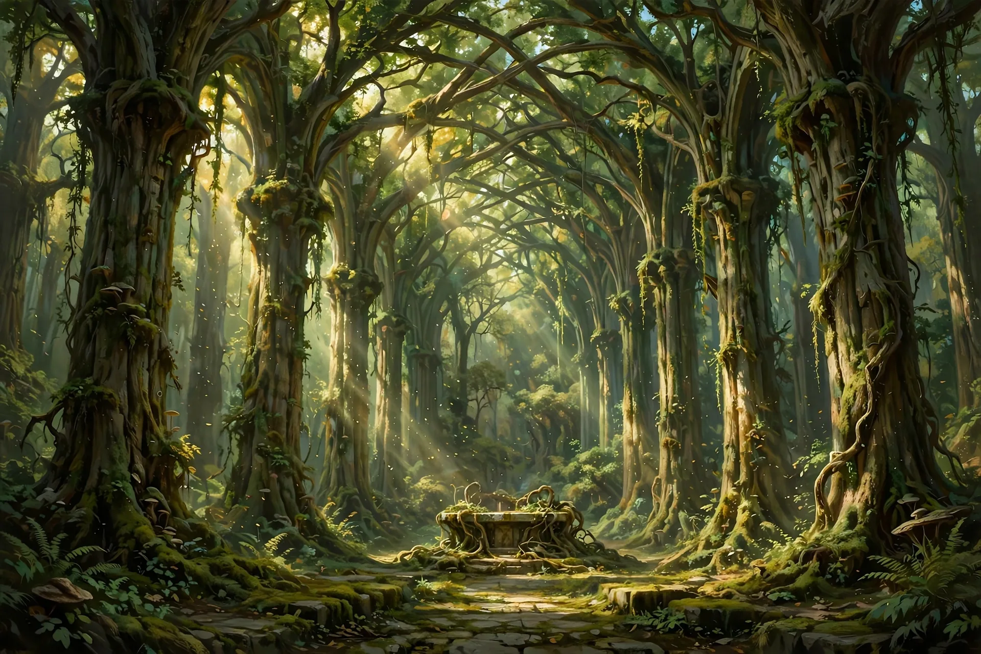 The Green Cathedral concept sheet: the interior, in color
