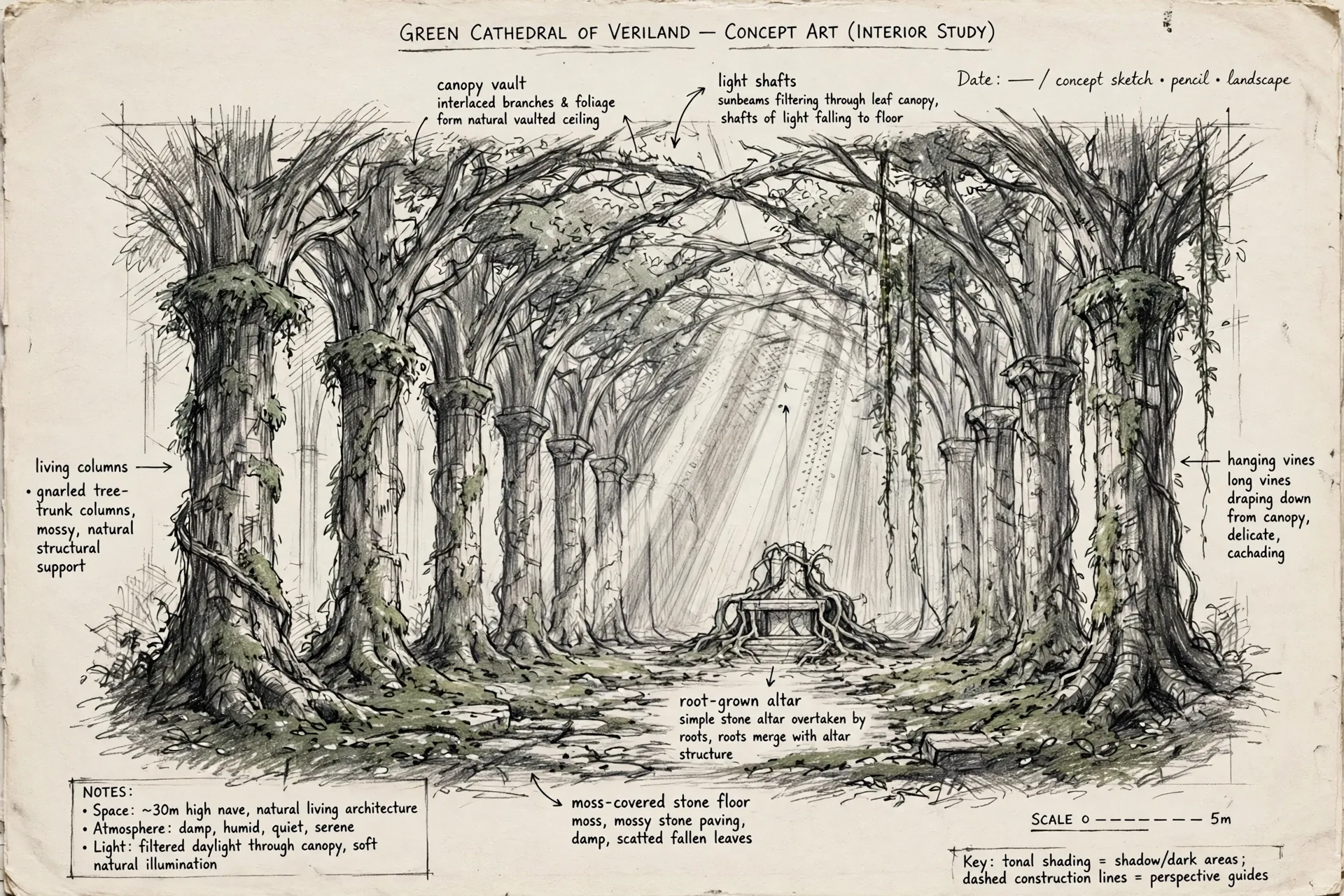 The Green Cathedral concept sheet: the interior, in graphite, with handwritten notations