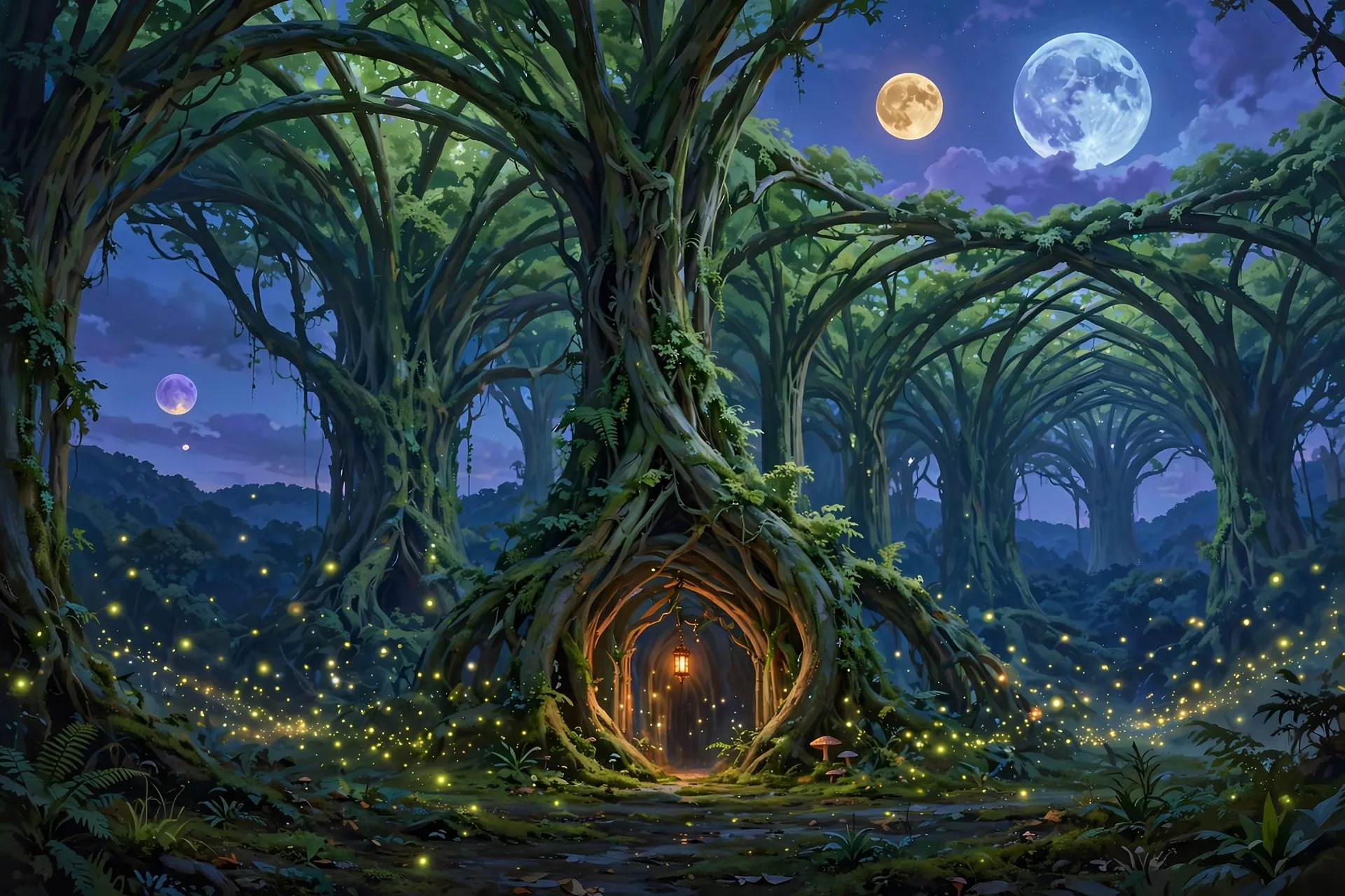 The Green Cathedral concept sheet: the cathedral under the five moons, in color