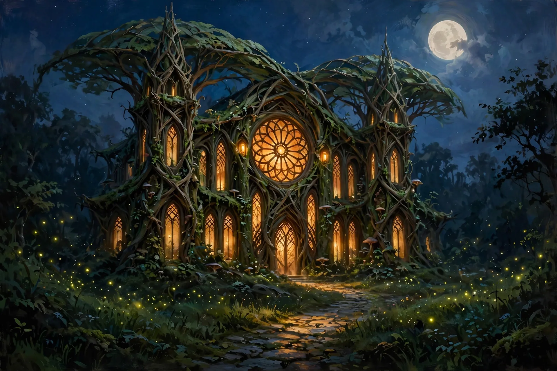 The Green Cathedral concept sheet: the cathedral at night, in color