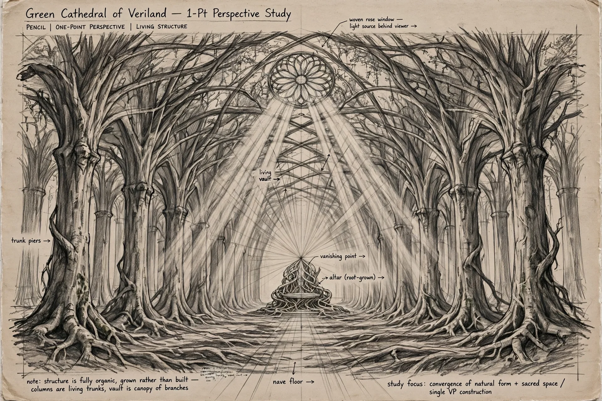 The Green Cathedral concept sheet: a perspective study, in graphite, with handwritten notations