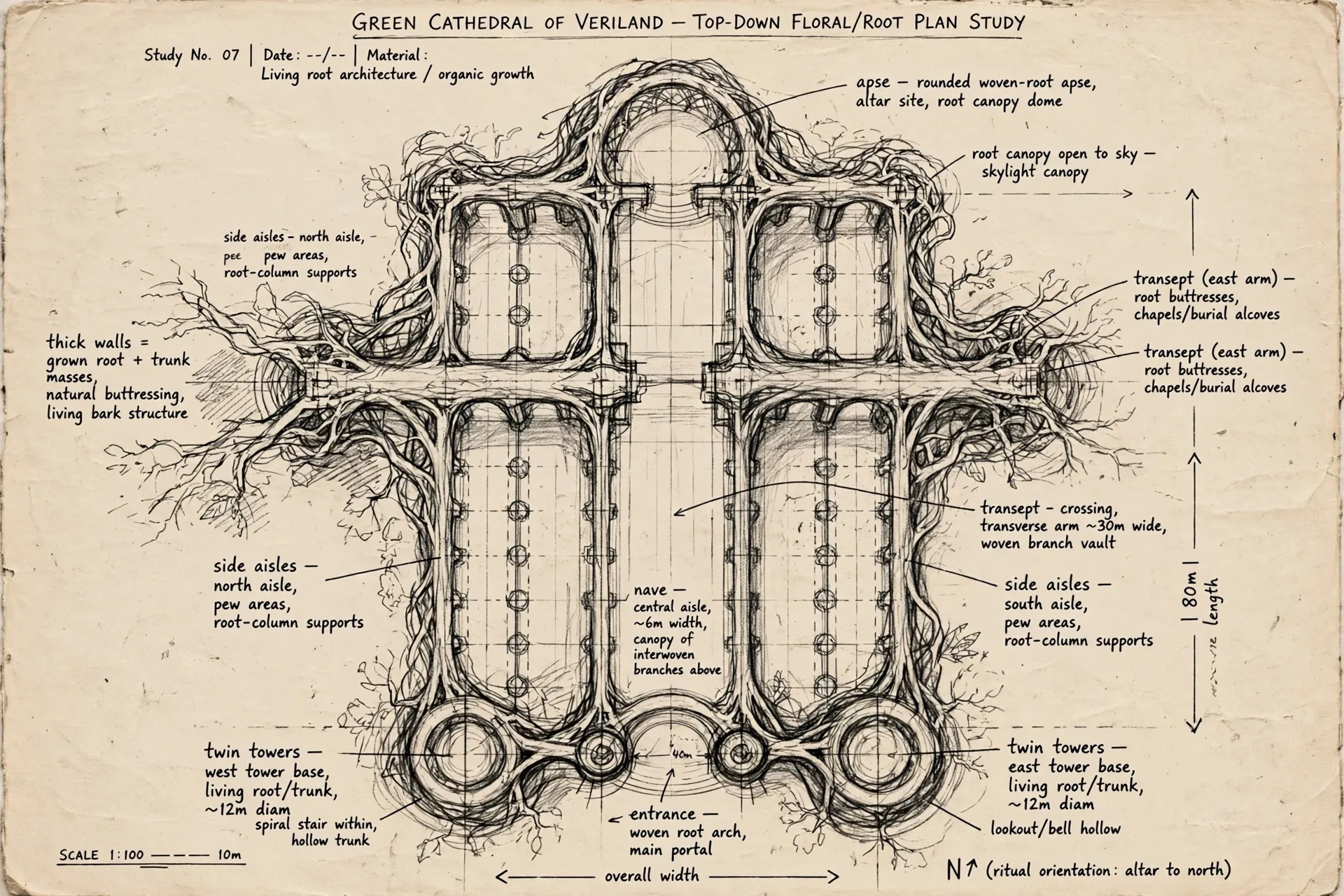 The Green Cathedral concept sheet: the floor plan, in graphite, with handwritten notations