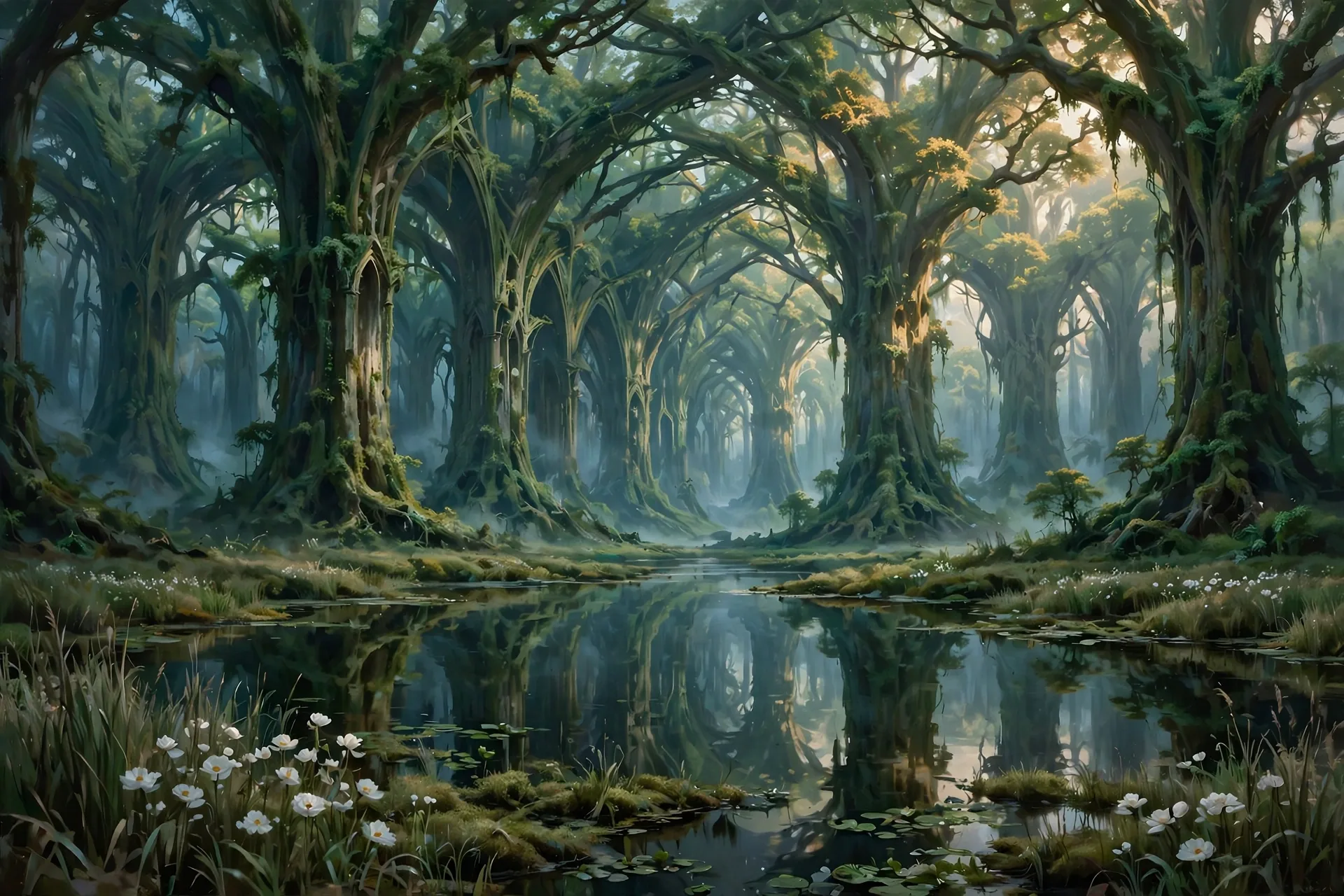 The Green Cathedral concept sheet: the reflection pool, in color