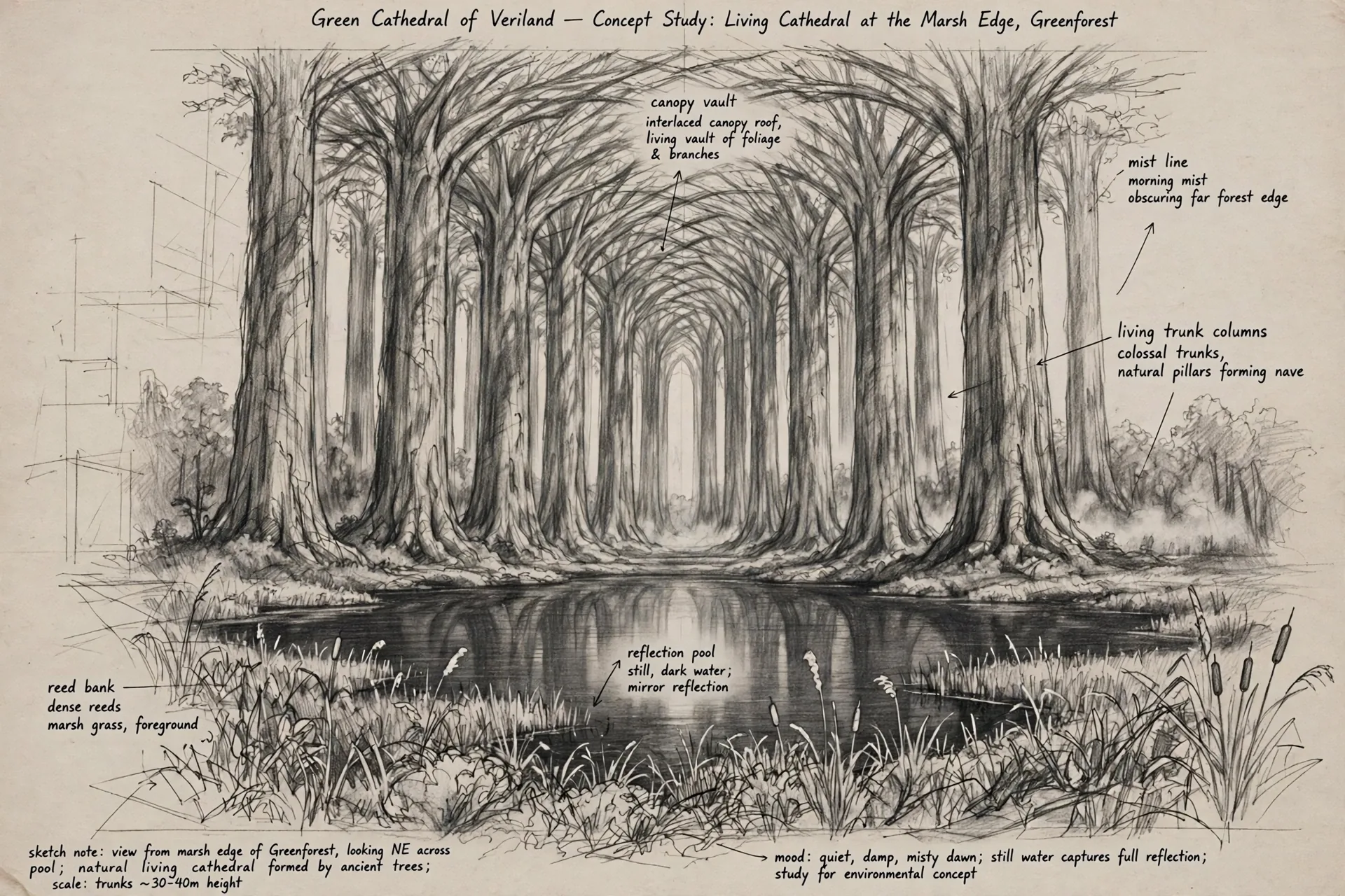 The Green Cathedral concept sheet: the reflection pool, in graphite, with handwritten notations