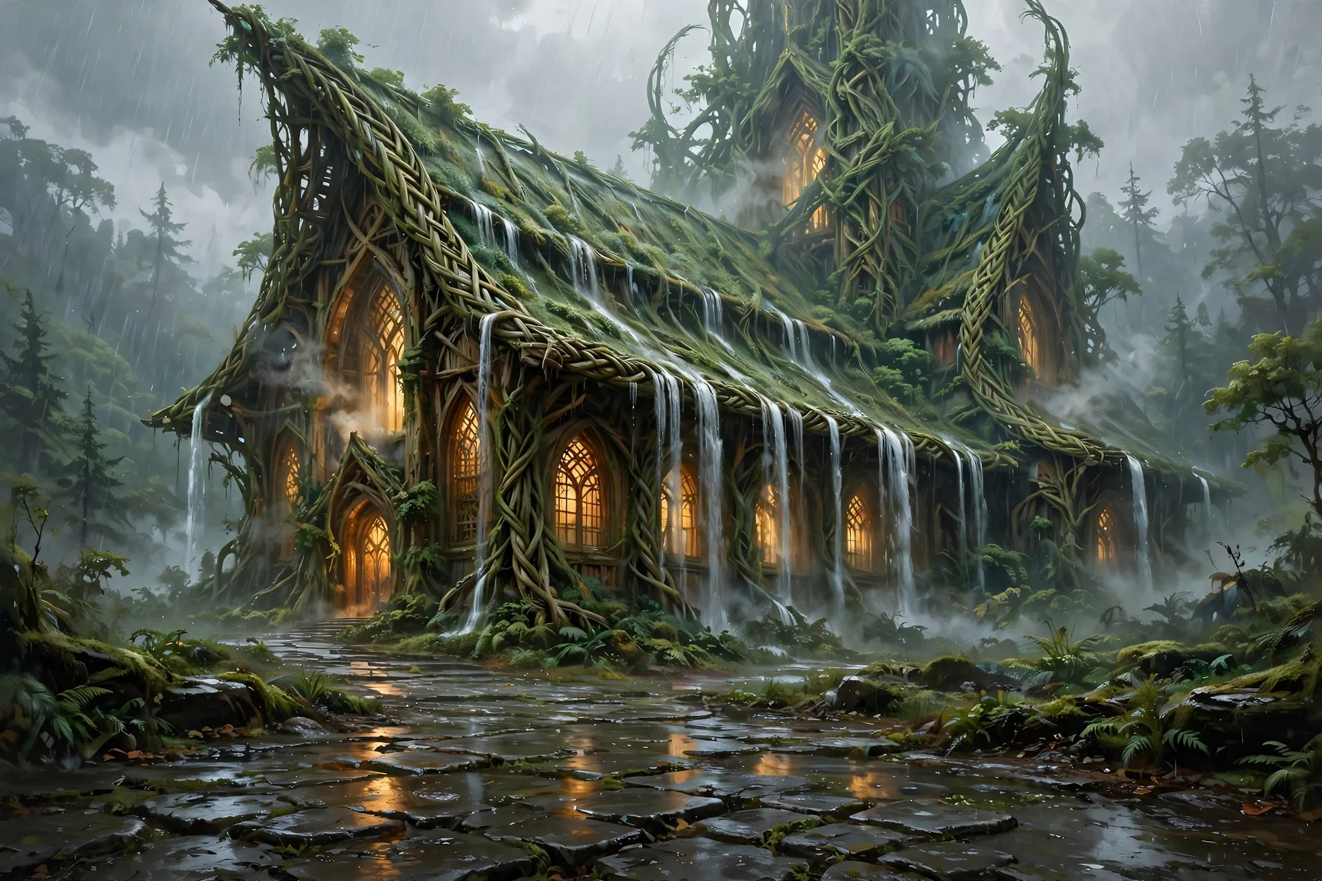 The Green Cathedral concept sheet: the cathedral in the rain, in color