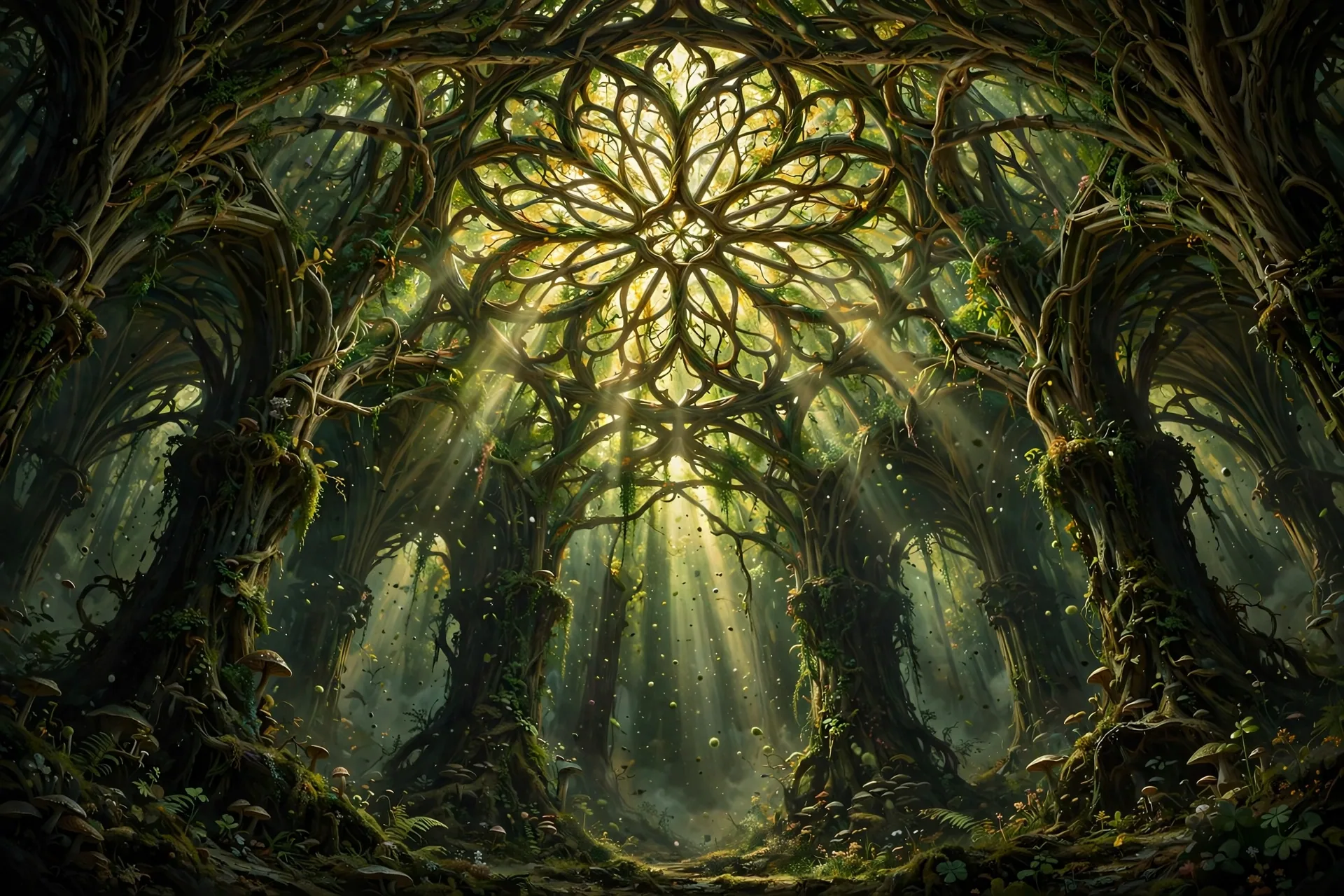 The Green Cathedral concept sheet: the woven rose window, in color