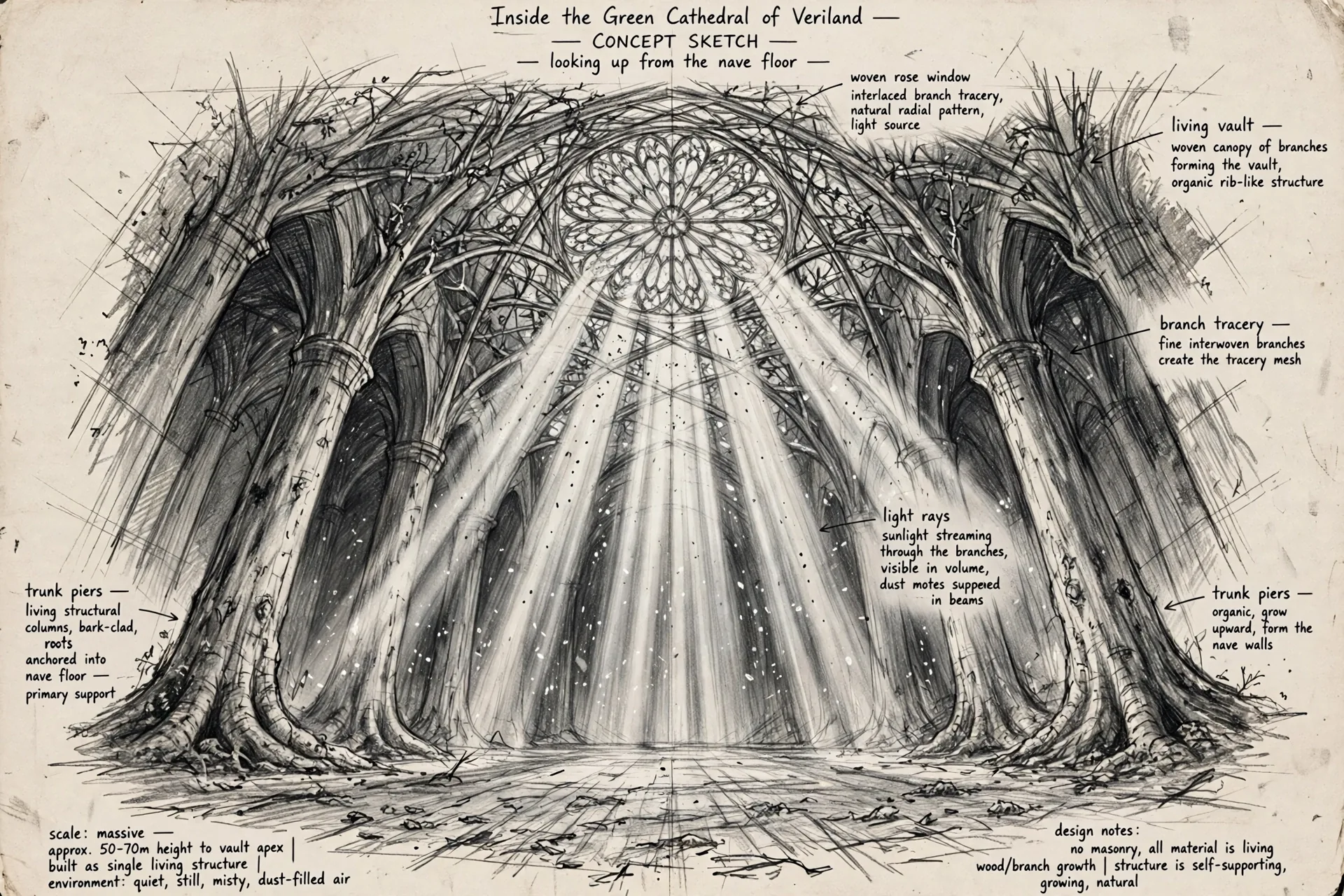 The Green Cathedral concept sheet: the woven rose window, in graphite, with handwritten notations