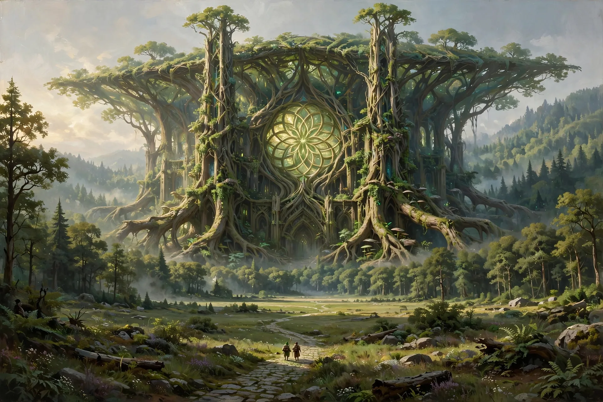 The Green Cathedral concept sheet: a scale study with figures for measure, in color