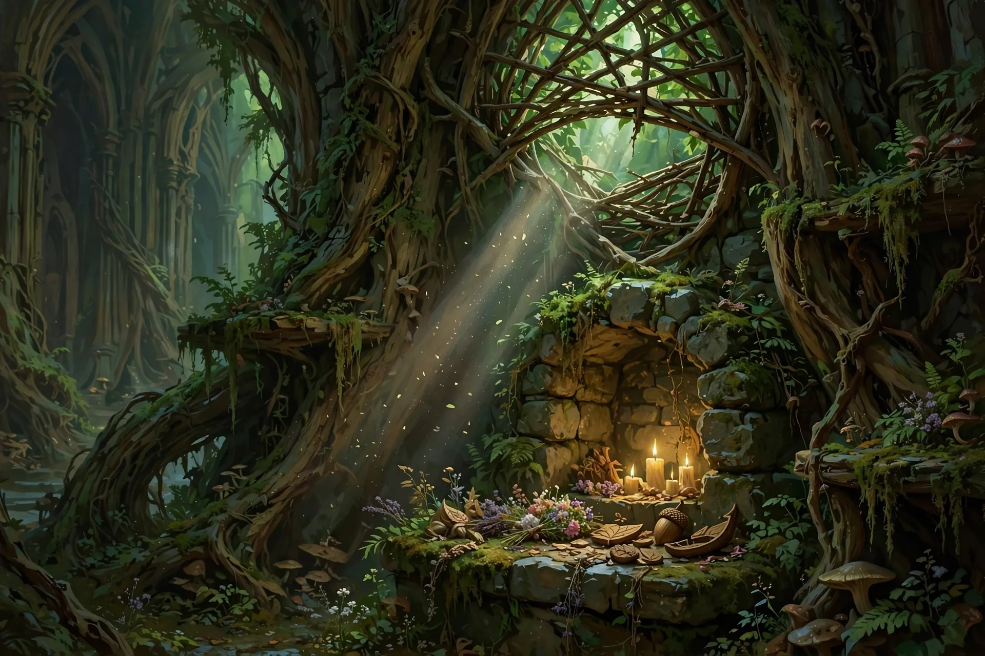 The Green Cathedral concept sheet: the shrine, in color