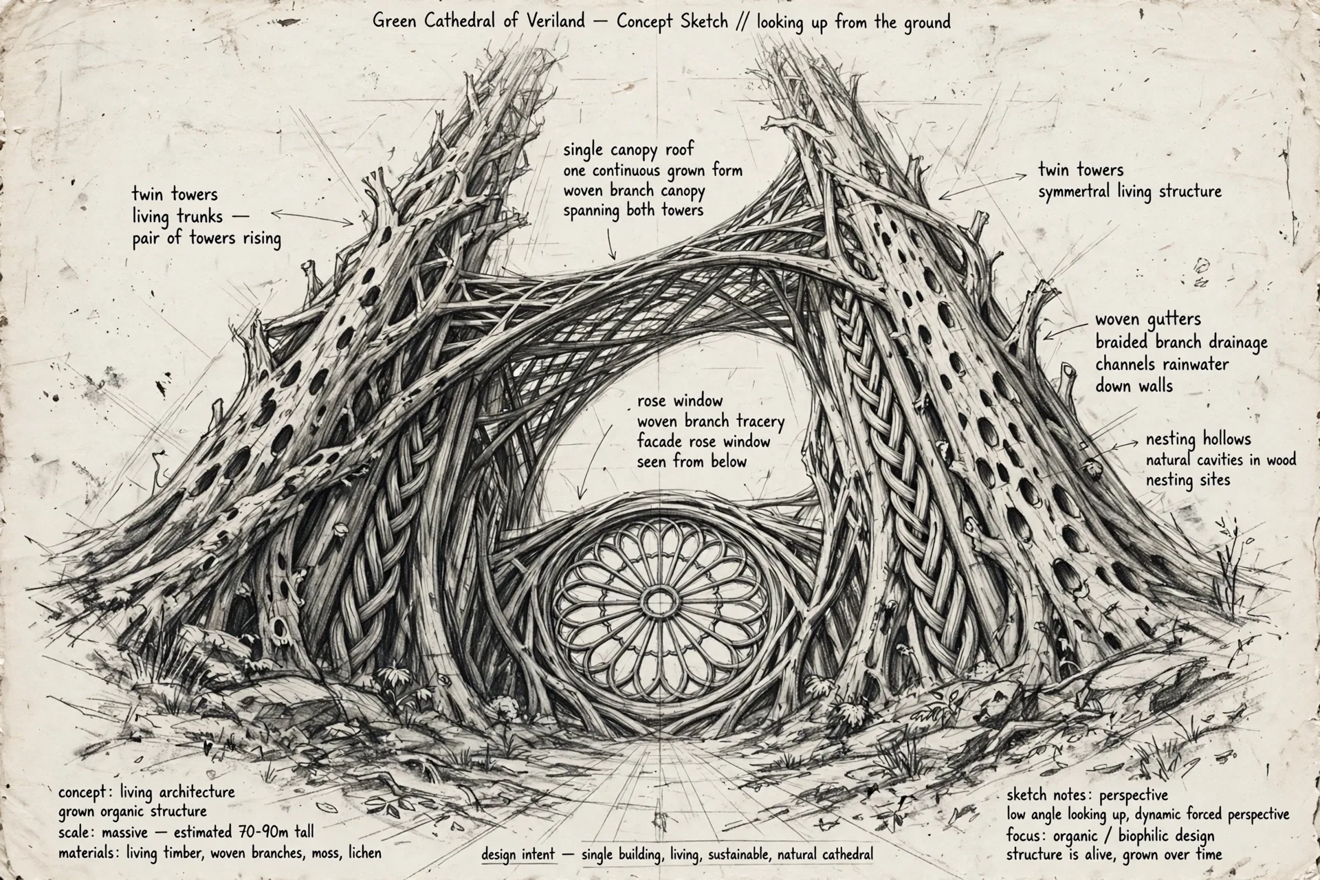 The Green Cathedral concept sheet: the twin towers, in graphite, with handwritten notations