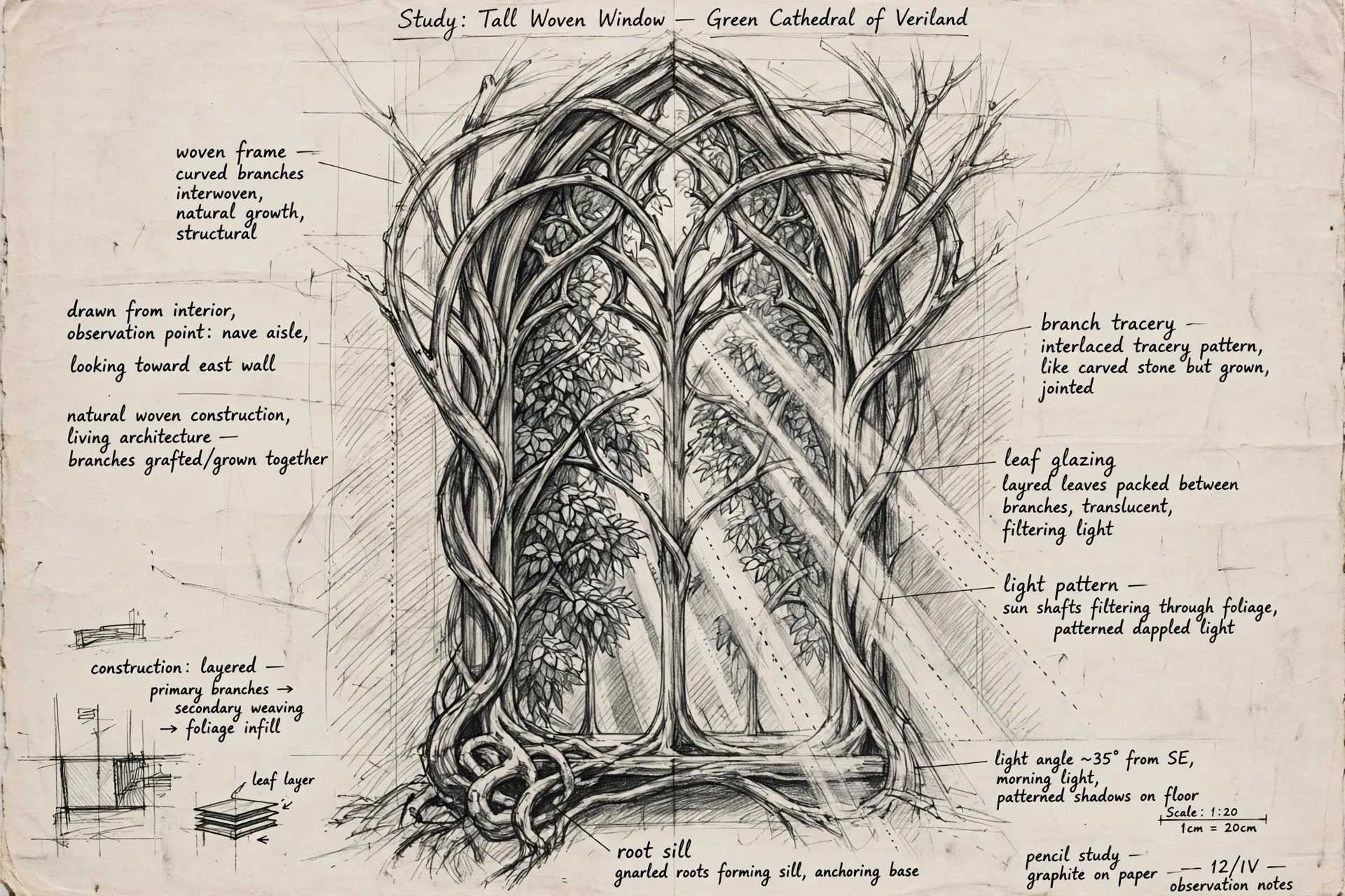 The Green Cathedral concept sheet: a window study, in graphite, with handwritten notations