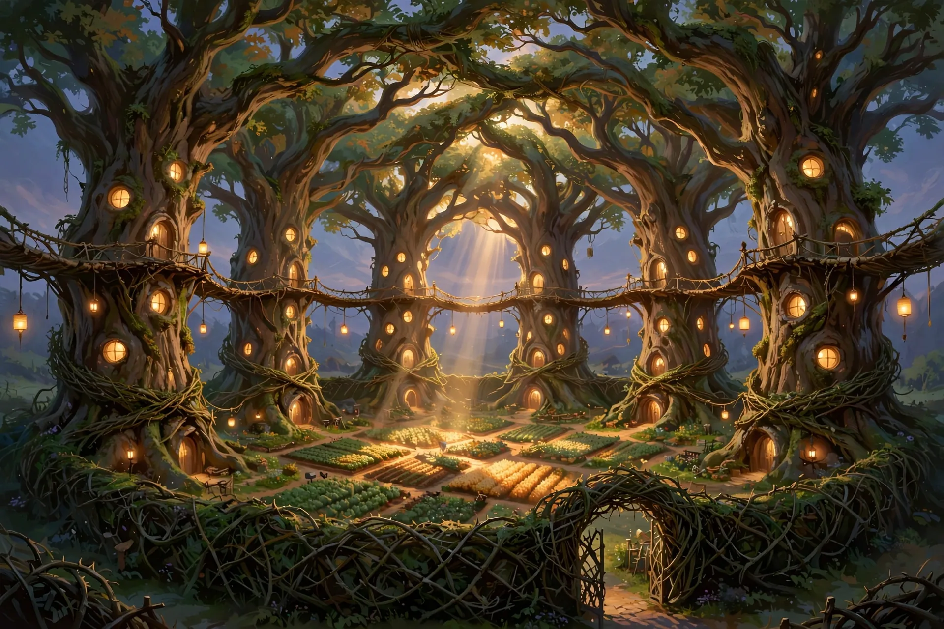 The Hearth, true design: the living bramble walls woven halfway up the trunks, in color