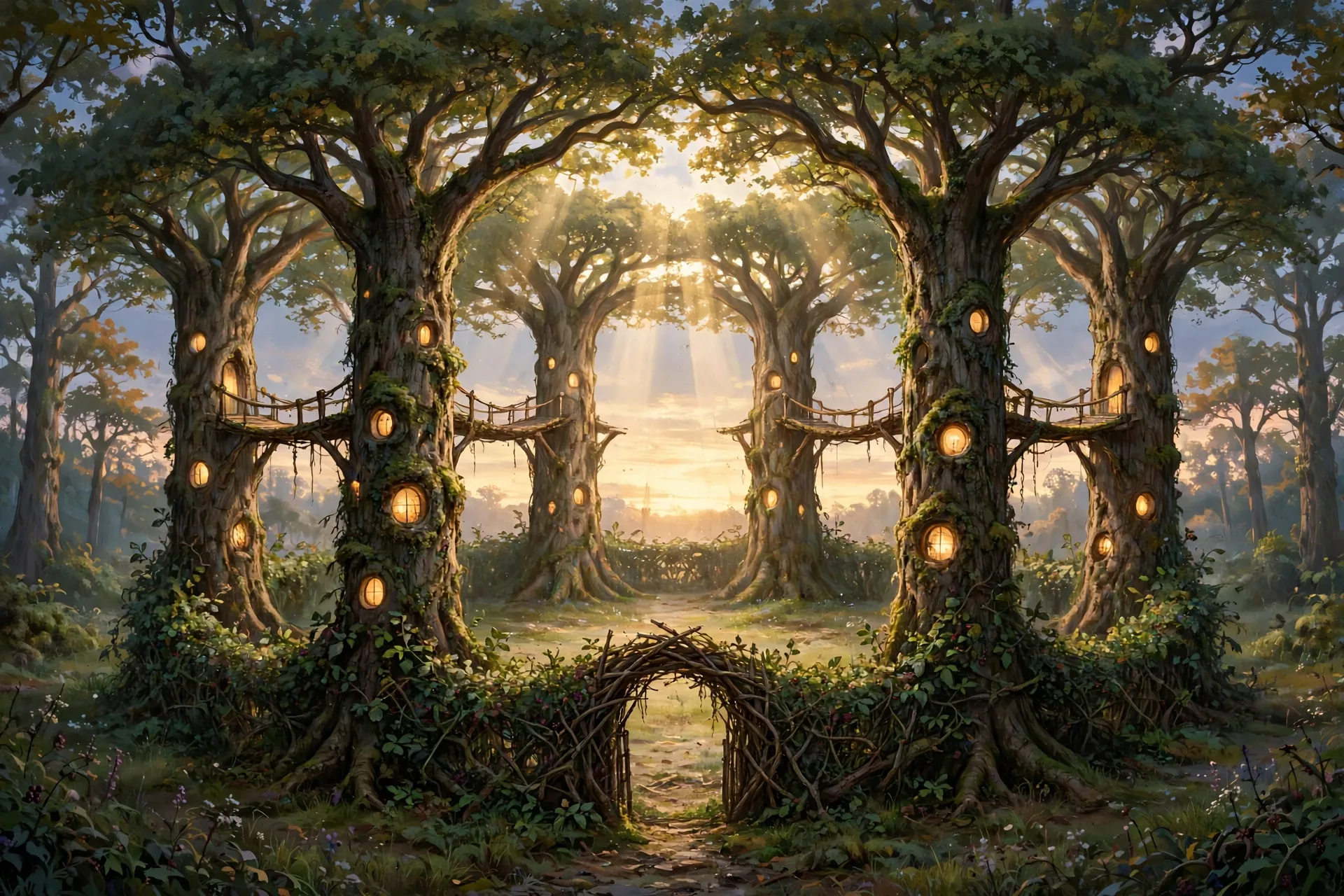 The Hearth, true design: the ring of six trees seen from outside, in color