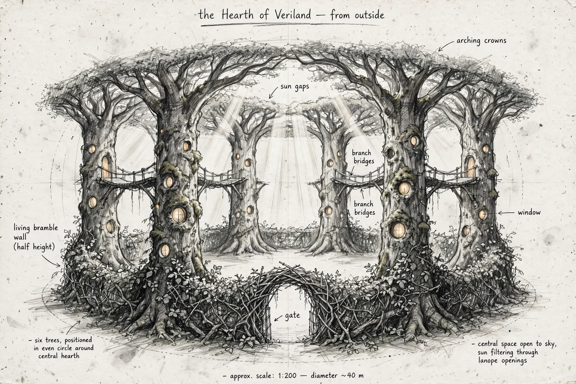 The Hearth, true design: the ring of six trees seen from outside, in graphite, with handwritten notations