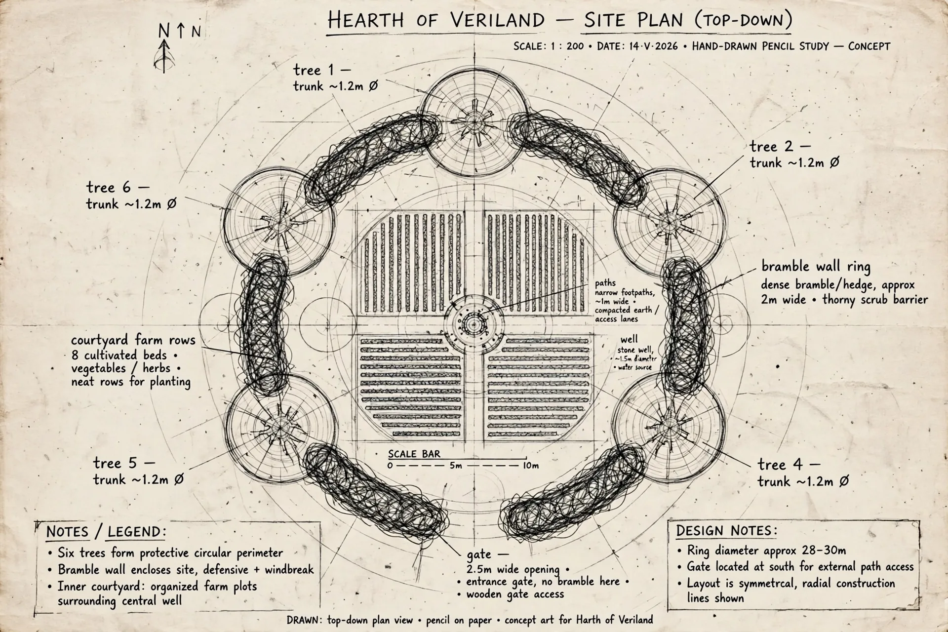 The Hearth, true design: the plan of the ring from above, in graphite, with handwritten notations