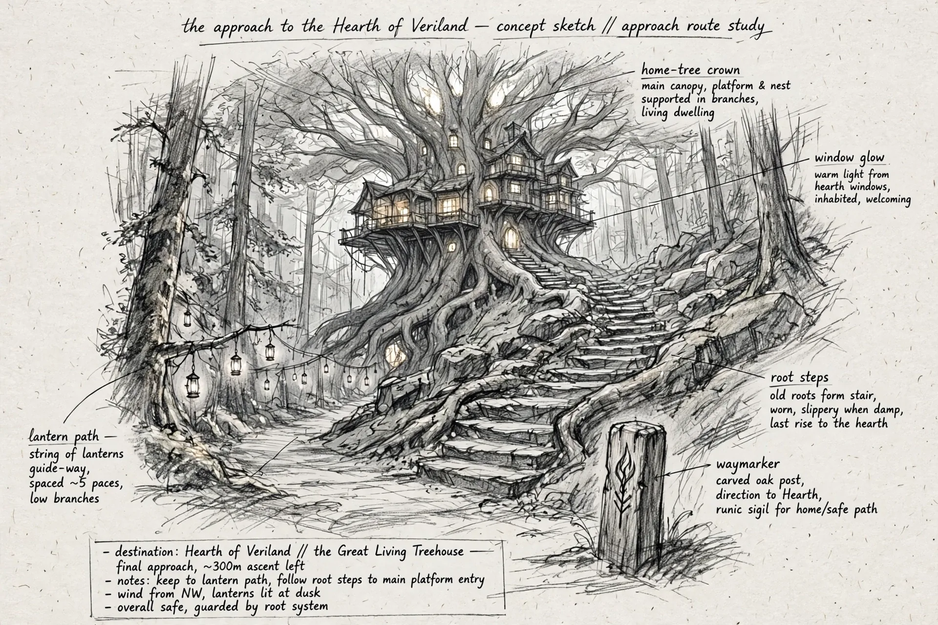 an early approach study of the Hearth, in graphite, with handwritten notations