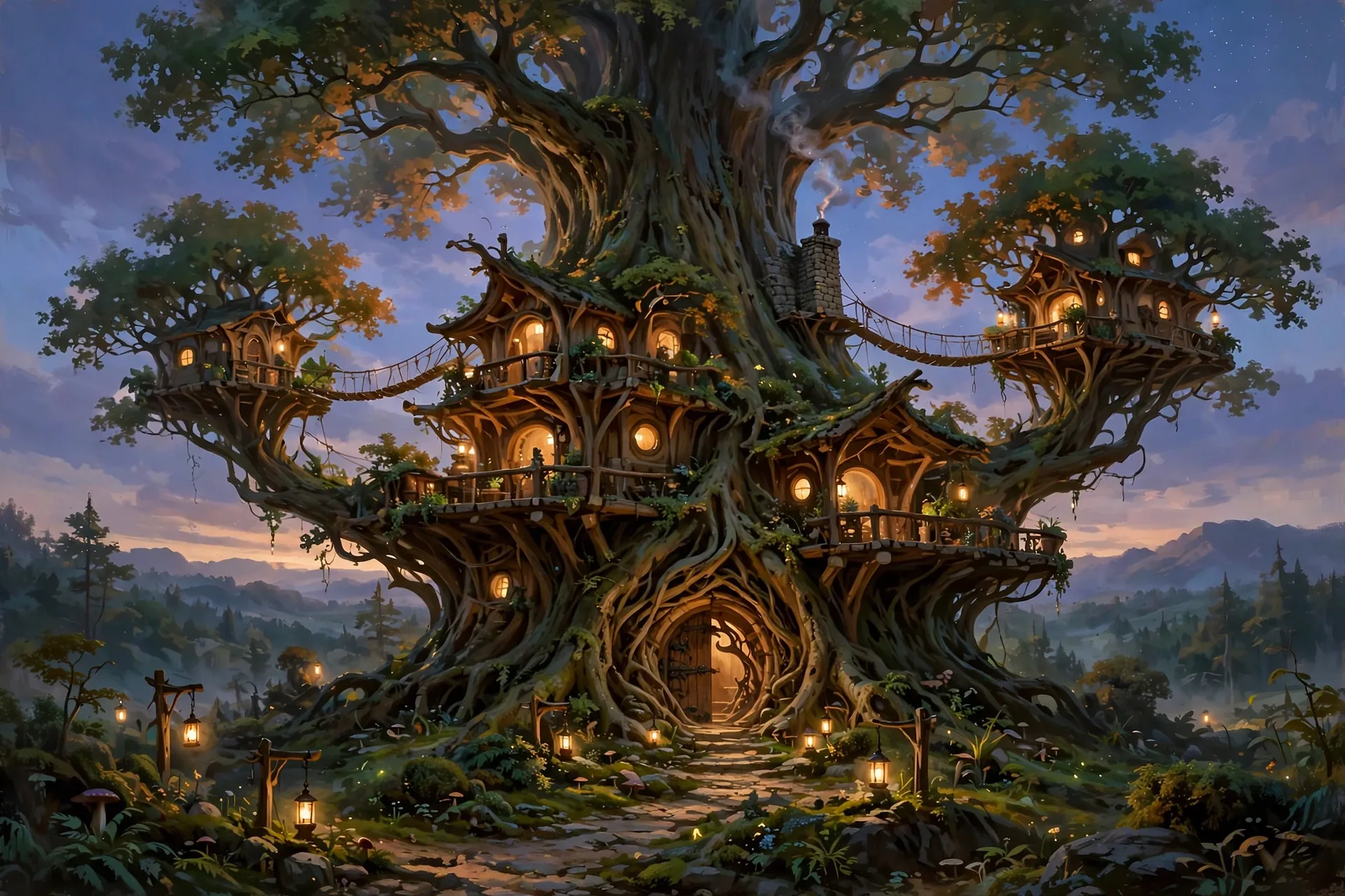 an early treehouse-style exterior study of the Hearth, in color