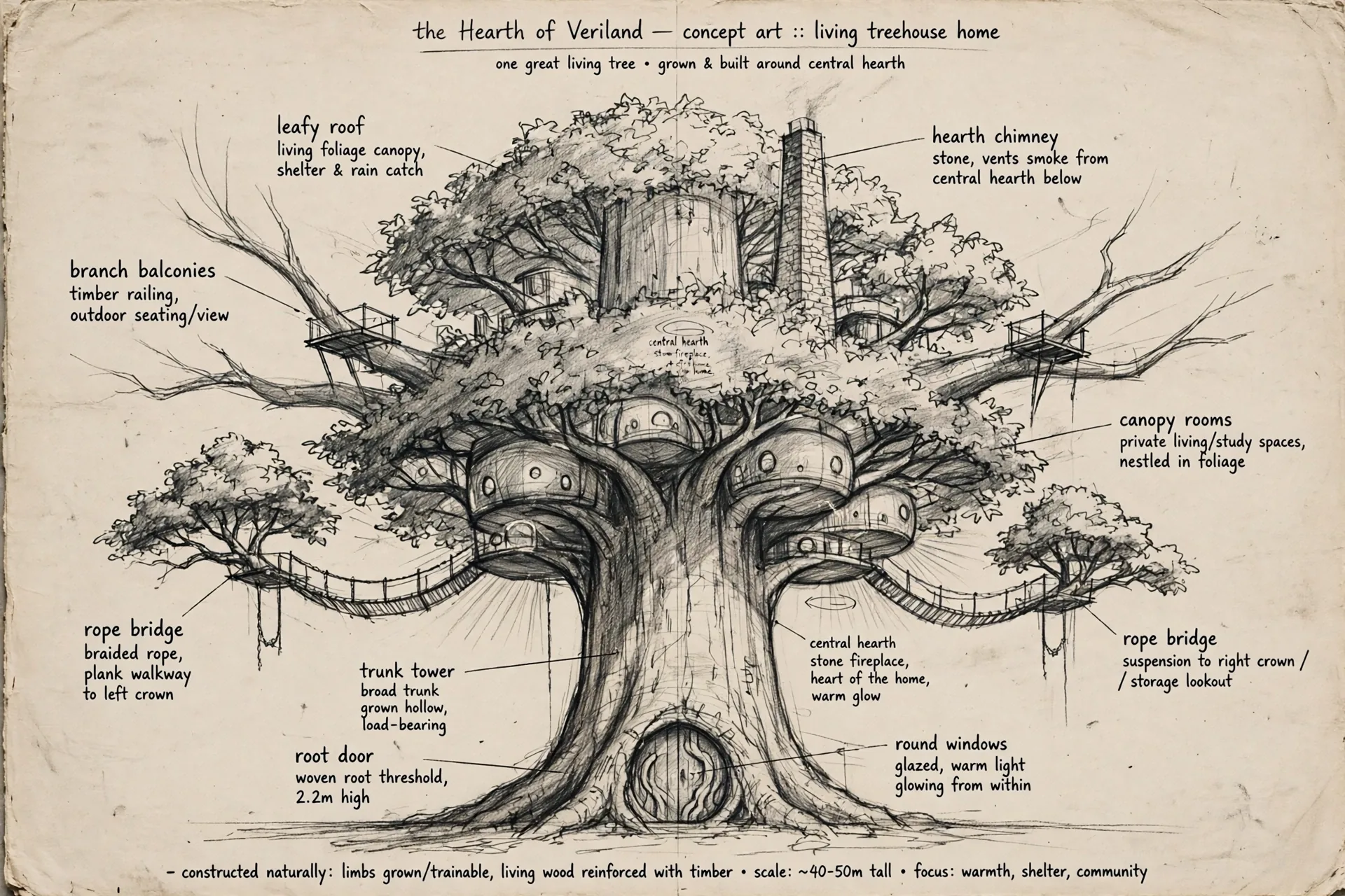 an early treehouse-style exterior study of the Hearth, in graphite, with handwritten notations
