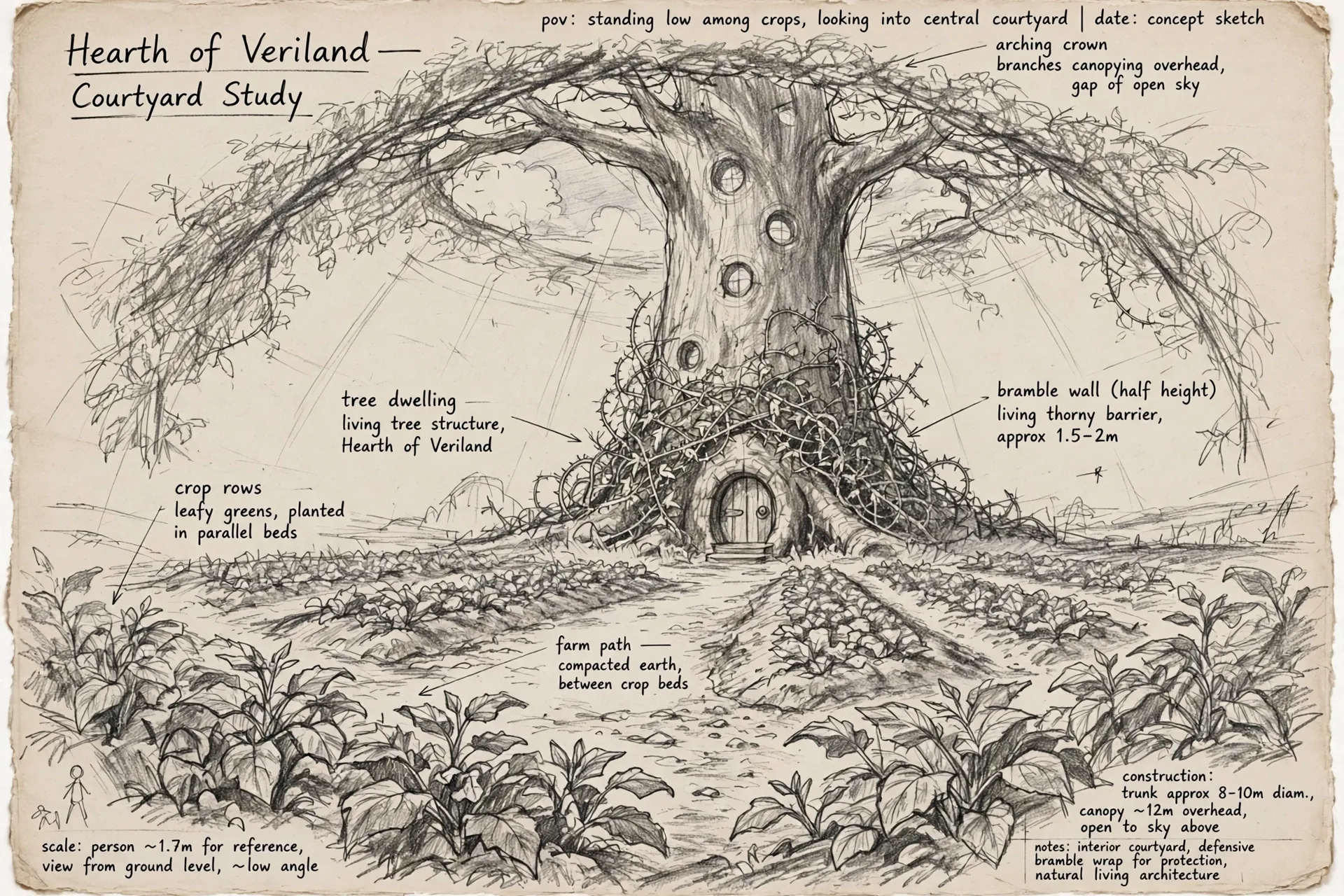 The Hearth, true design: the view from down among the farm rows in the courtyard, in graphite, with handwritten notations