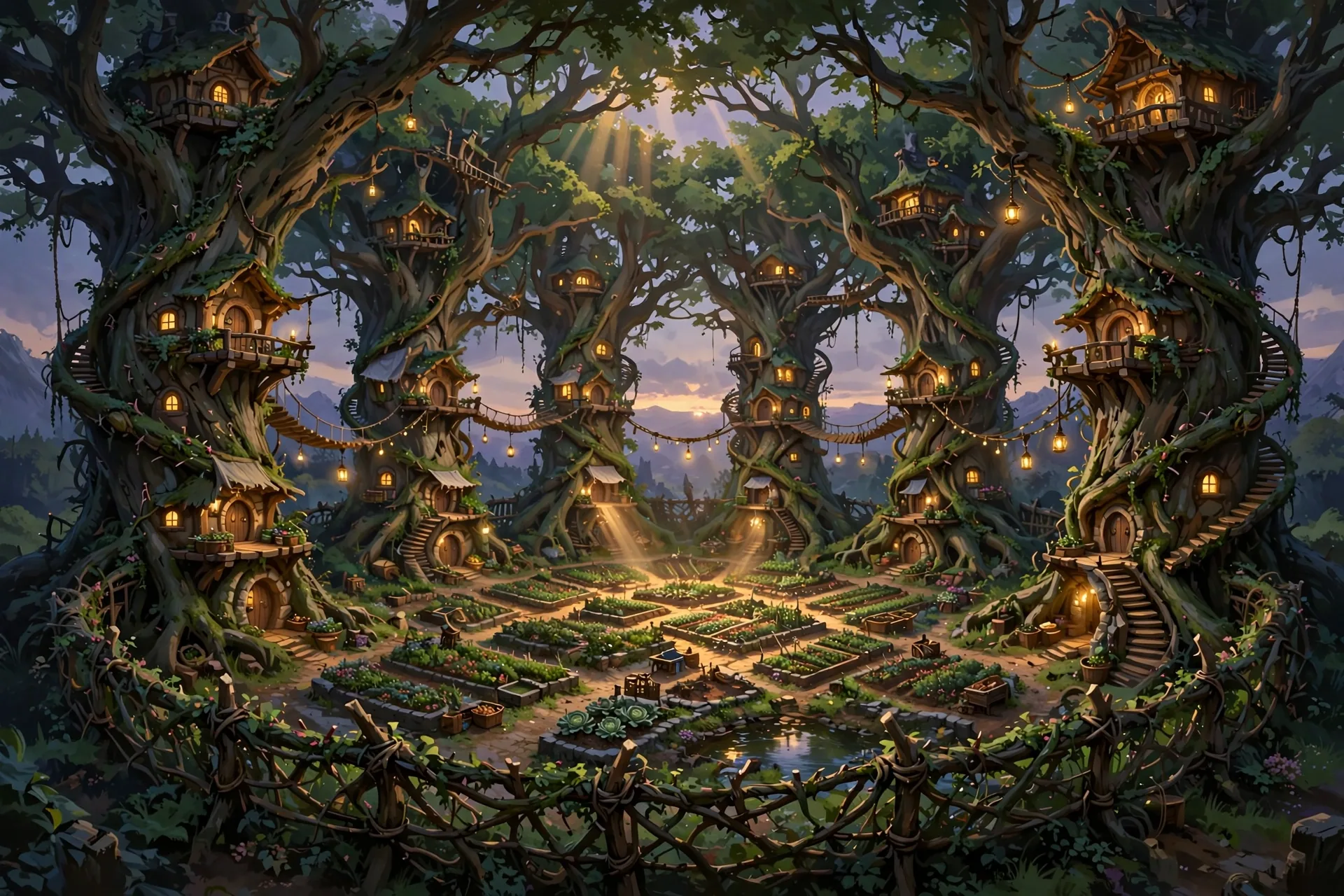 The Hearth, true design: the living quarters worked into the trunks and crowns of the trees, in color