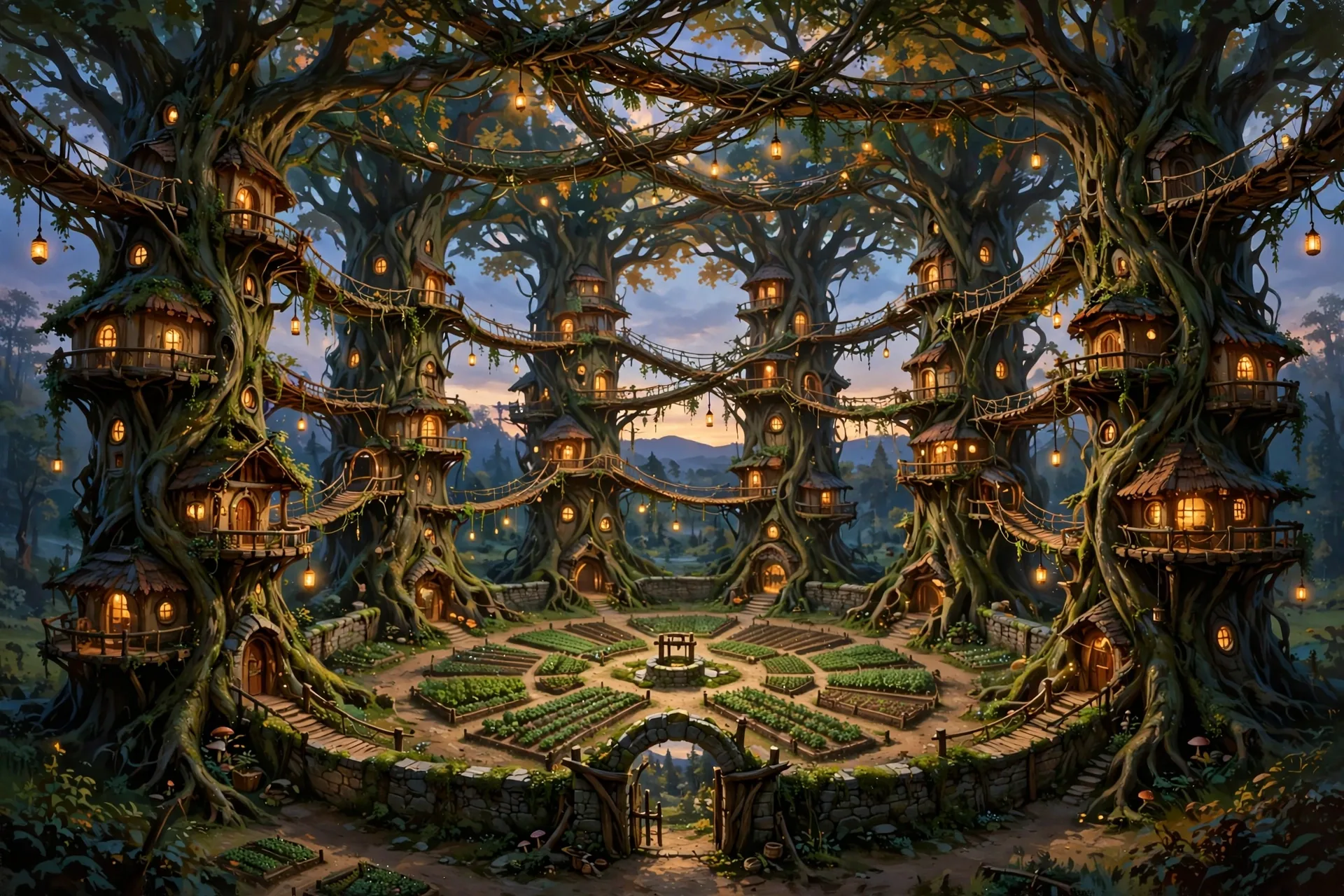 The Hearth, true design: the six towering trees in their even ring, crowns arching inward, in color
