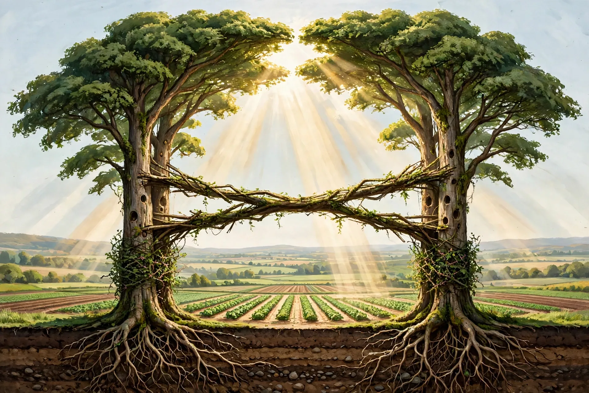 The Hearth, true design: a cross-section showing the bramble walls at half height, in color