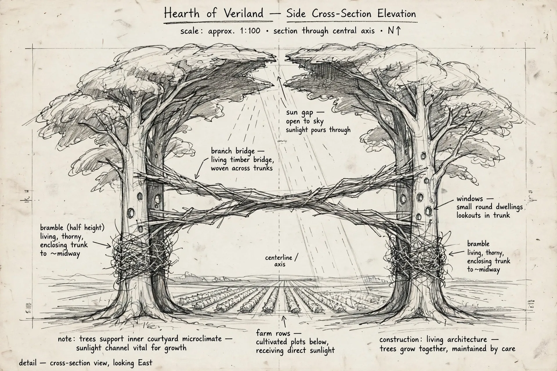 The Hearth, true design: a cross-section showing the bramble walls at half height, in graphite, with handwritten notations