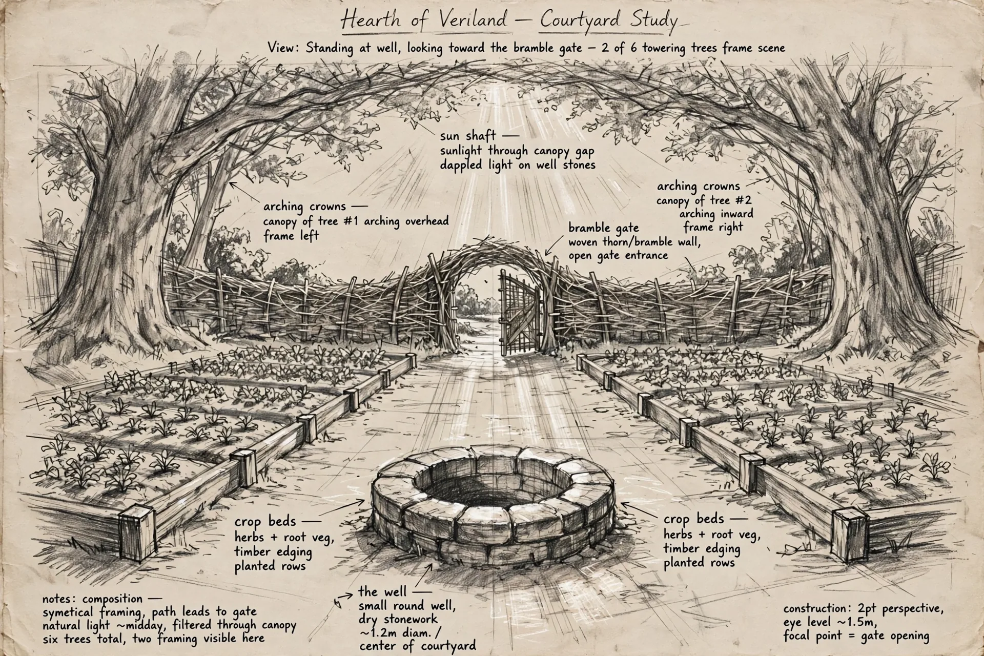 The Hearth, true design: the view from the well, looking toward the gate, in graphite, with handwritten notations