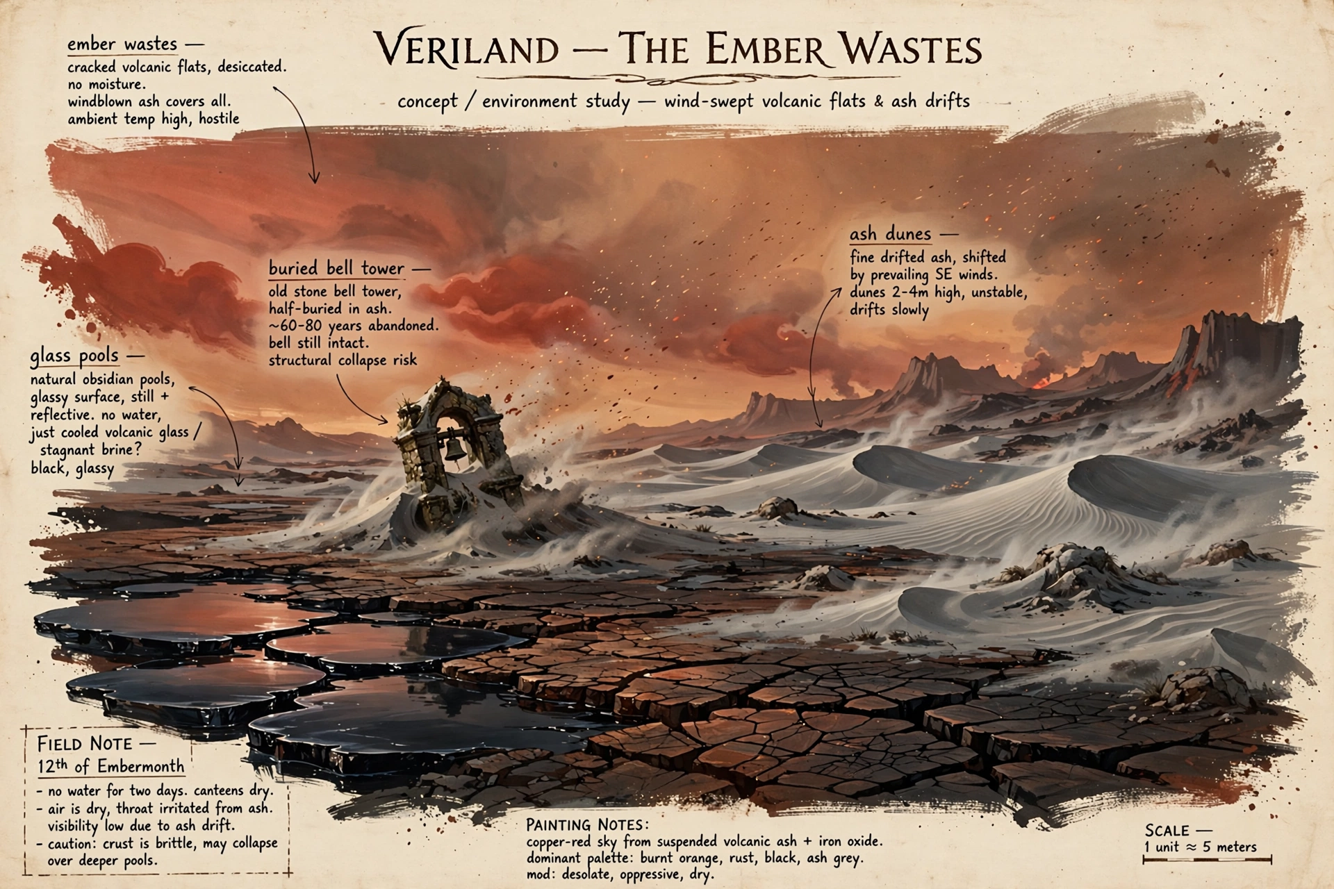 The Ember Wastes in color: a painted study of cracked volcanic flats, ash dunes, glass pools, and a buried bell tower, with field notes