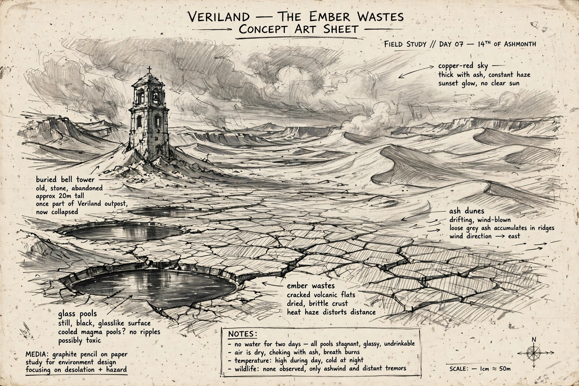 The Ember Wastes in pencil: a graphite study of ash dunes, glass pools, and a bell tower buried in ash, with field notes