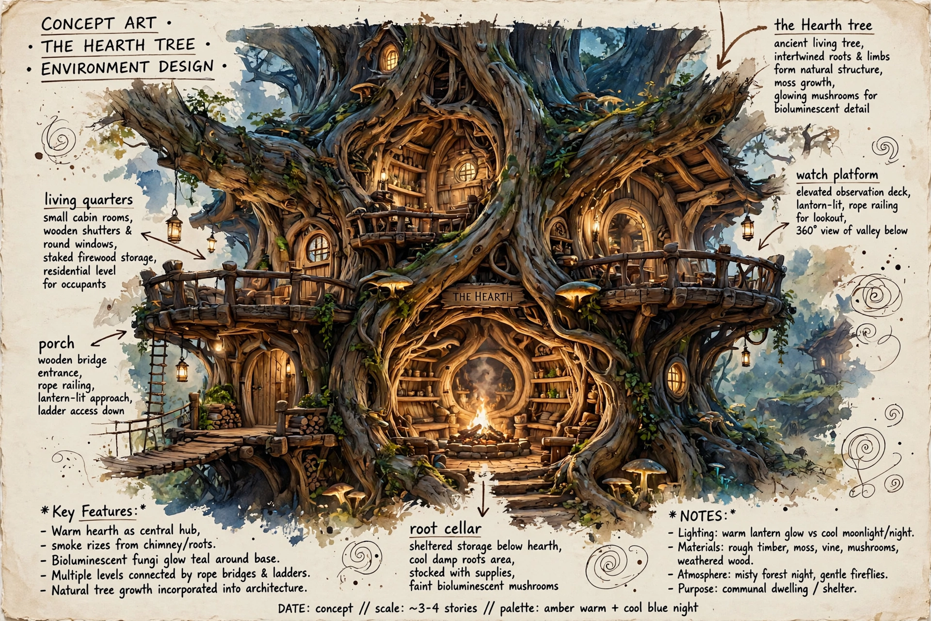 The Hearth in color: a painted concept sheet of the Hearth tree — living quarters, watch platform, root cellar — with handwritten notations